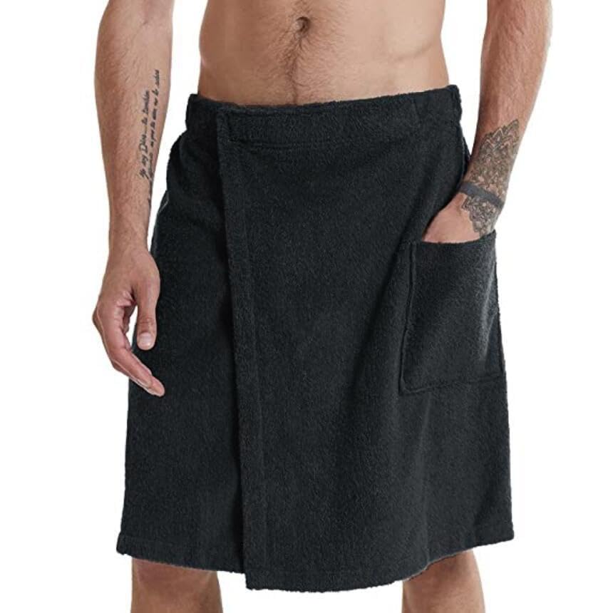 Men's Soft Coral Fleece Bath Wrap Towel - Adjustable & Wearable Bath Towel for Men, XL Size in Black - Perfect for Post-Shower, Spa, Pool & Beach Use