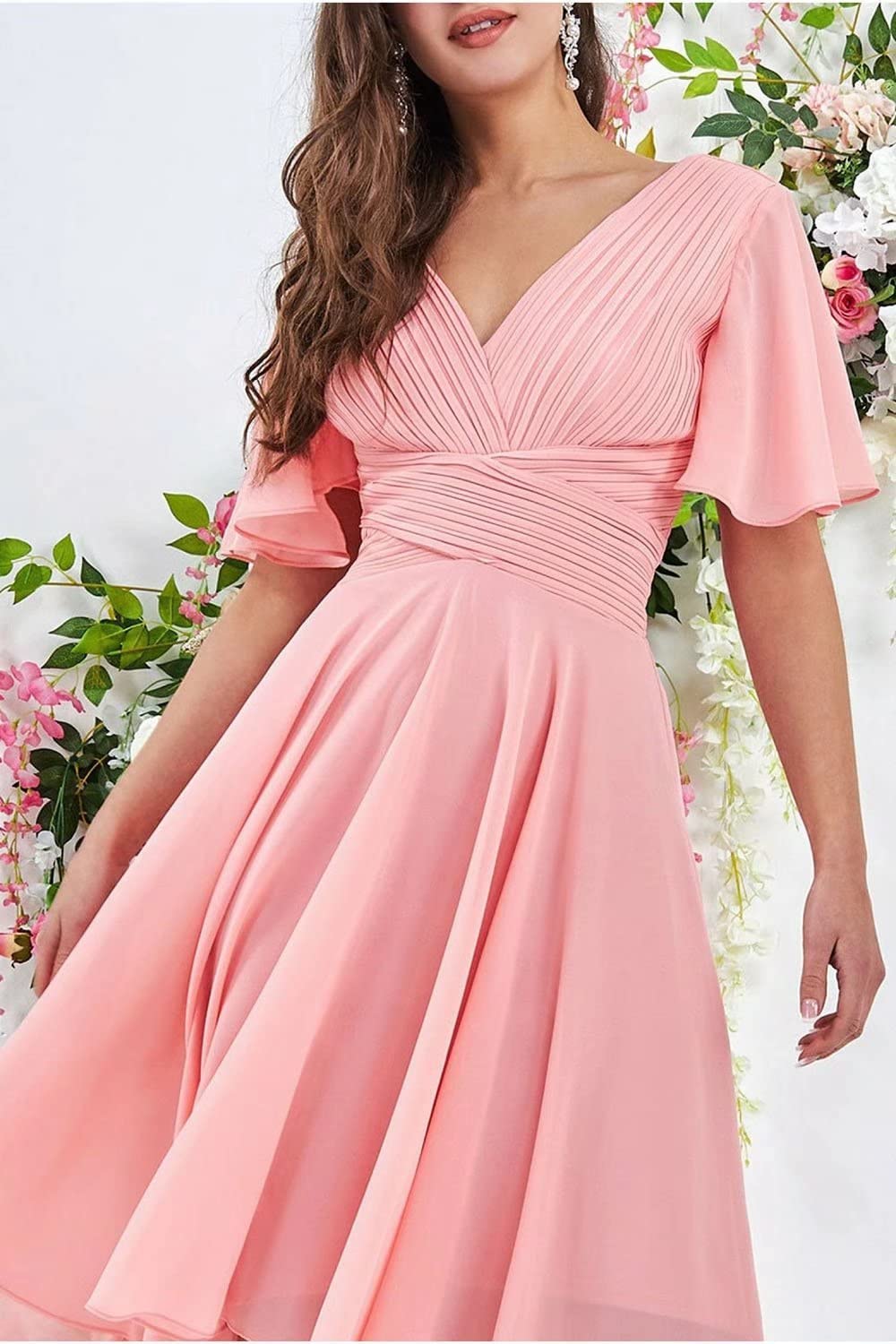 Elegant Chiffon Bridesmaid Dress with Flutter Sleeves & High-Low Hem - Perfect for Weddings, Prom, Evening Parties & Formal Events