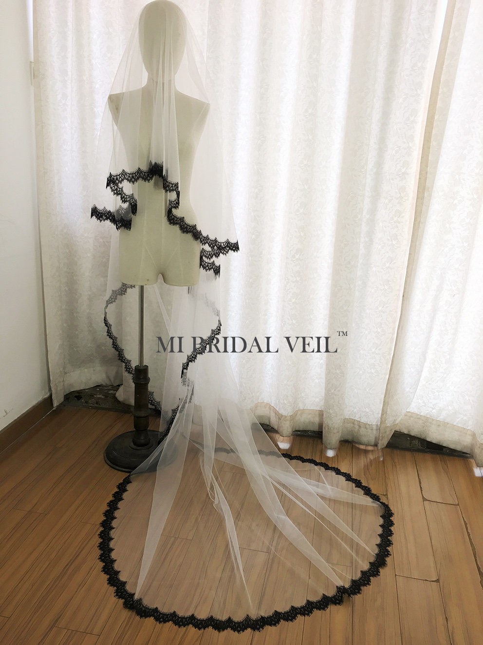 Elegant Black Chantilly Lace Mantilla Wedding Veil - Cathedral Length Bridal Veil for Romantic Weddings & Formal Events | Perfect for Vintage, Gothic, or Spanish-Themed Ceremonies