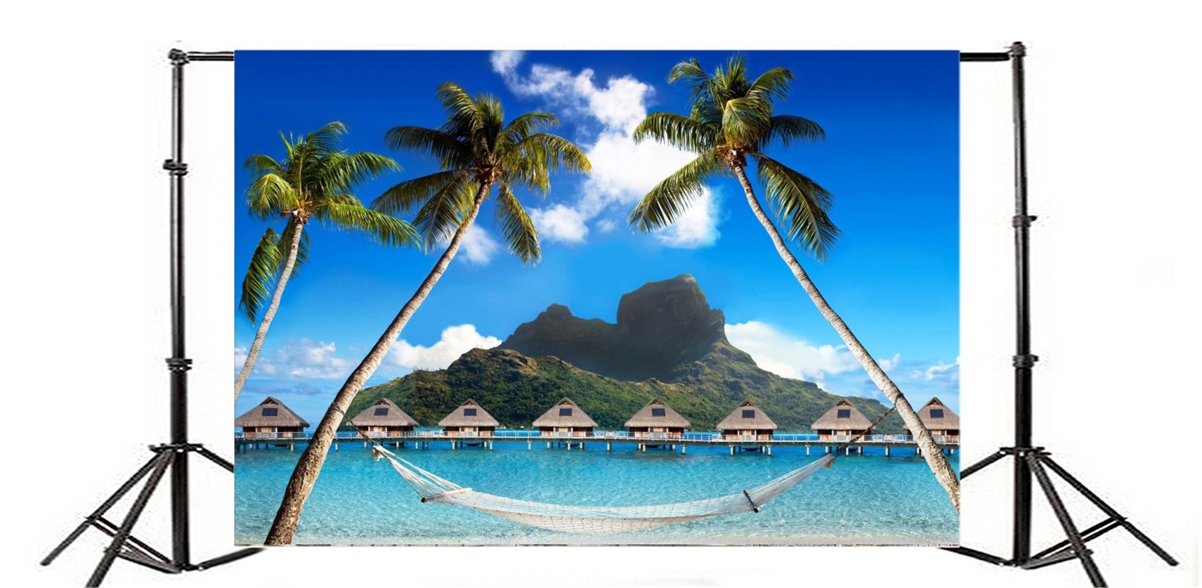 5x3ft Beach Palms with Hammock Tropical Backdrop - Distant Mountain Ocean Bungalow Dock Photography Background for Summer Vacation, Seaside Holiday, Portrait Studio & Wall Decor | Perfect for Photo Shoots, Travel Agencies, and Tropical Themed Events