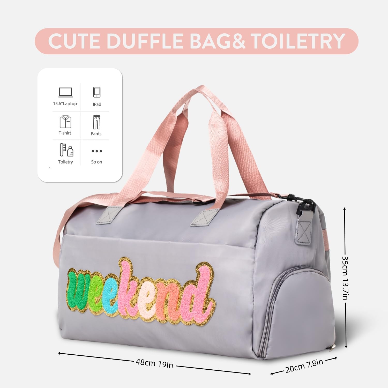 2 Pcs Women's Travel Weekender Bag with Shoe Compartment - Overnight Duffel, Gym & Hospital Toiletry Bag - Preppy Chenille Letter Design for Sleepovers, Weekend Getaways & Workouts
