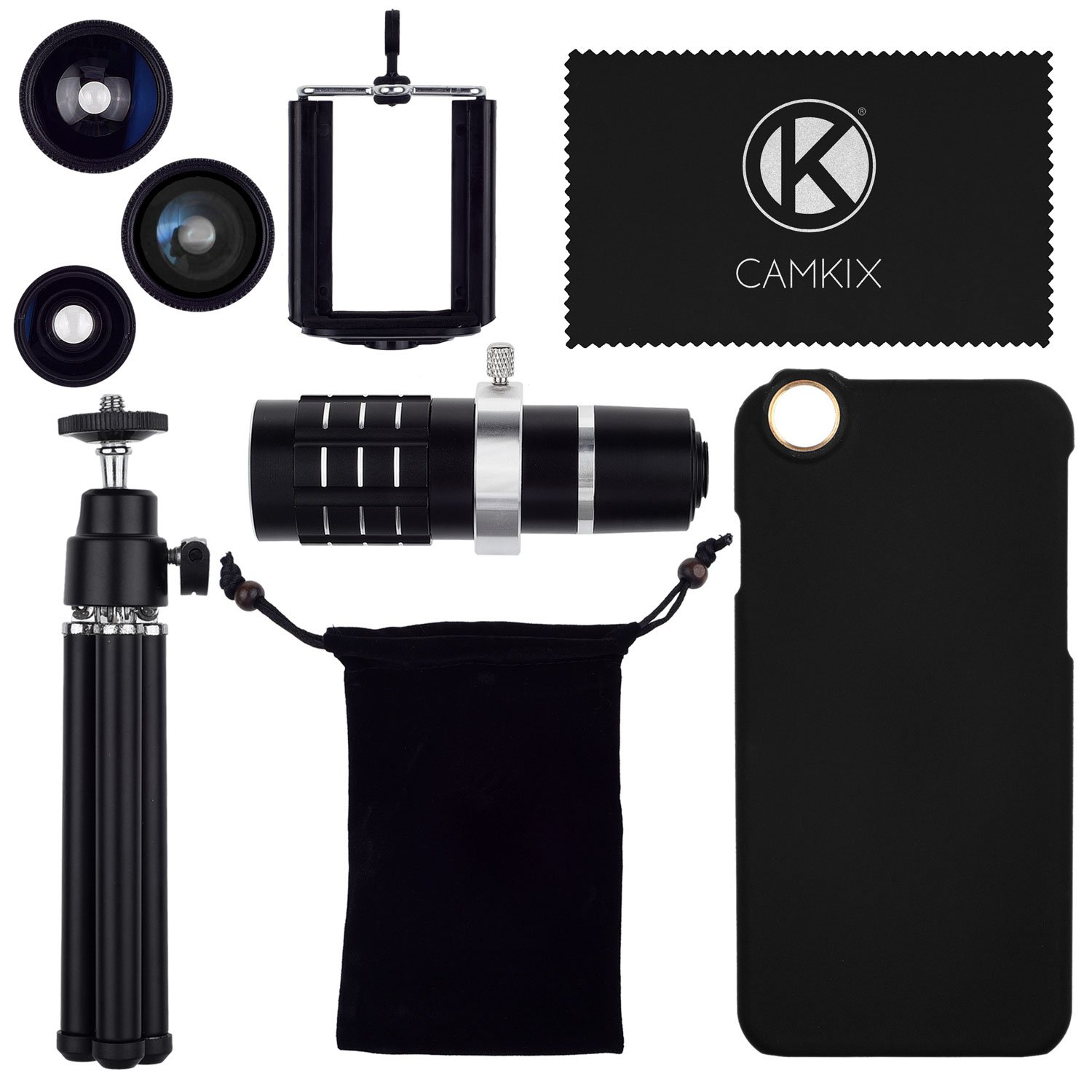 Premium CamKx 12x Telephoto Lens Kit for iPhone 6 Plus/6S Plus - Wide Angle, Fisheye & Macro Lenses with Tripod, Phone Holder & Hard Case - Perfect for Travel Photography, Vlogging & Close-up Shots