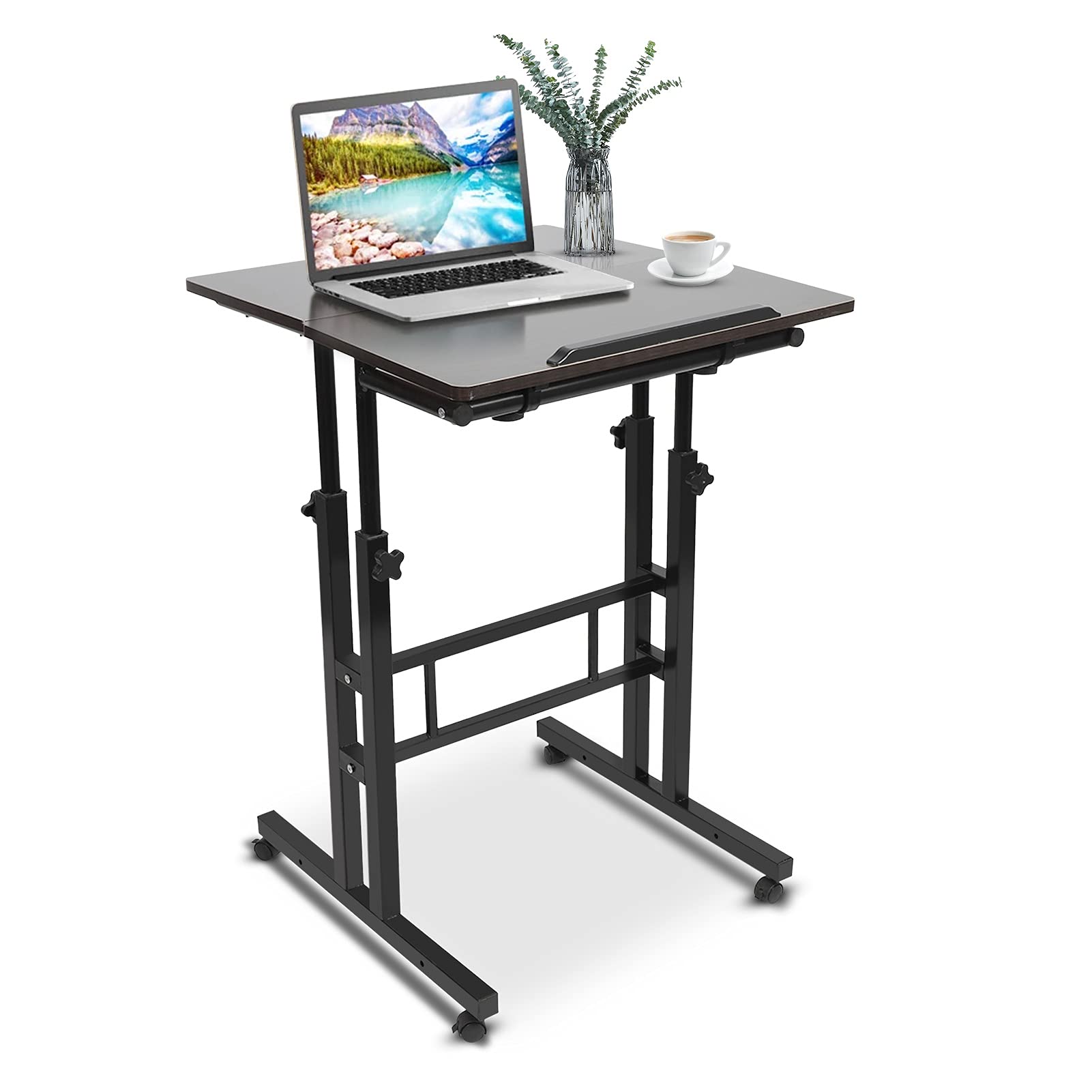 Adjustable Rolling Laptop Stand with Wheels - Mobile Standing Desk for Home & Office - Portable Computer Workstation for Sitting or Standing - Ergonomic Black Laptop Table (Perfect for Remote Work, Small Spaces & Shared Offices)