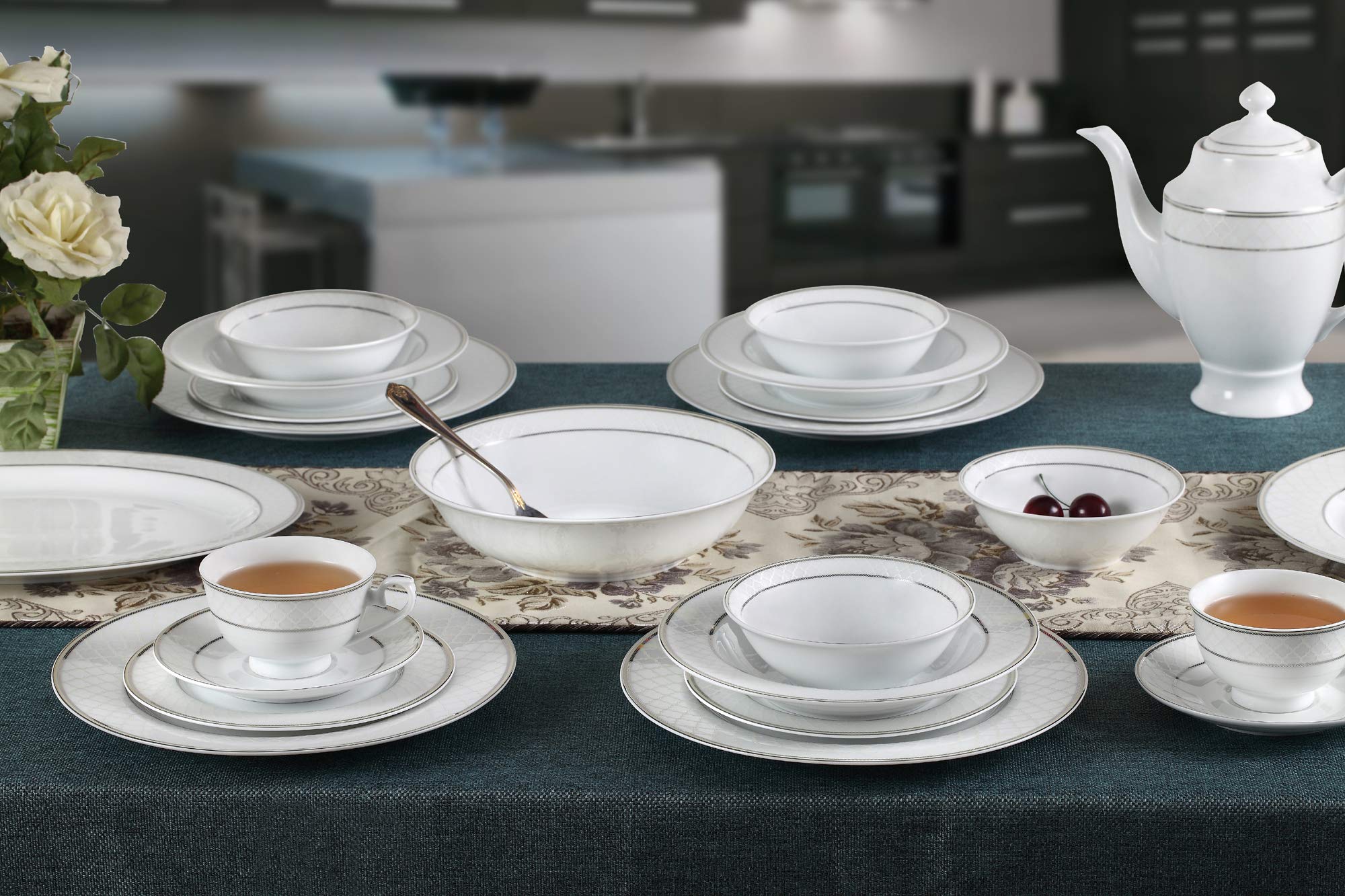 57-Piece Elegant Bone China Dinnerware Set for 8 - Silver Trim, Formal Dining & Special Occasions