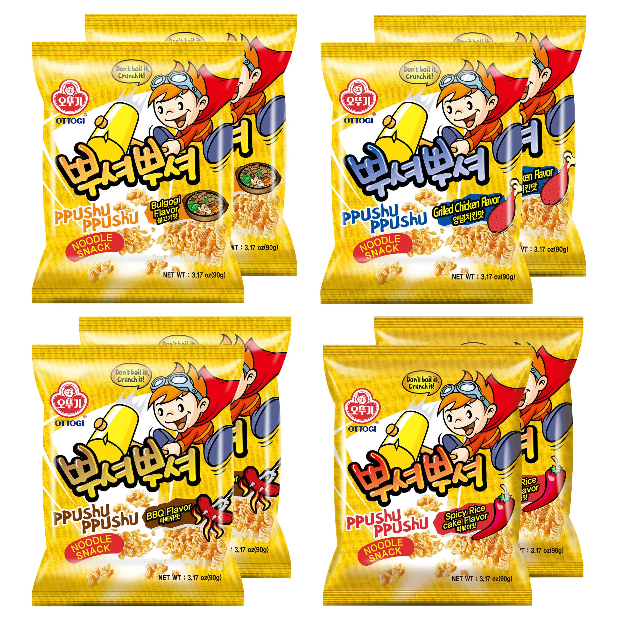 OTTOGI PPUSHU PPUSHU Crush to Eat Noodle Snack - Variety Pack with BBQ, Bulgogi, Grilled Chicken & Spicy Rice Cake Flavors (90g x 8 Pack) | Korean Instant Noodles for Quick Meals, Office Snacks & Late Night Cravings