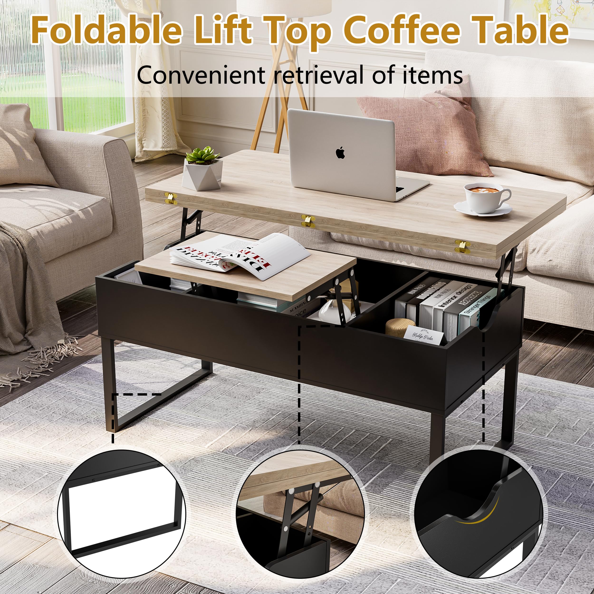 JoliJour Modern Lift-Top Coffee Table with Hidden Storage Compartment - Industrial Brown Living Room & Bedroom Side Table | Perfect for Small Spaces, Entertaining Guests, and Storing Remote Controls