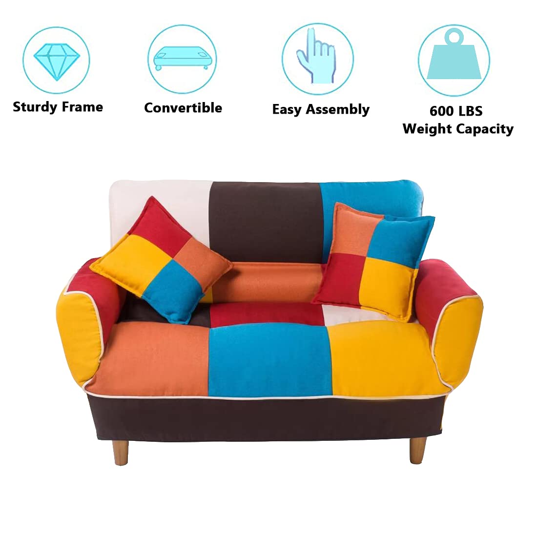 Convertible Futon Sofa Bed with 2 Pillows - Loveseat Sleeper Sofa for Small Spaces, Multi-Functional Recliner Couch with Adjustable Armrests & Wooden Legs, 3-Position Backrest - Perfect for Apartments, Dorms, Guest Rooms & Home Offices (Colorful)