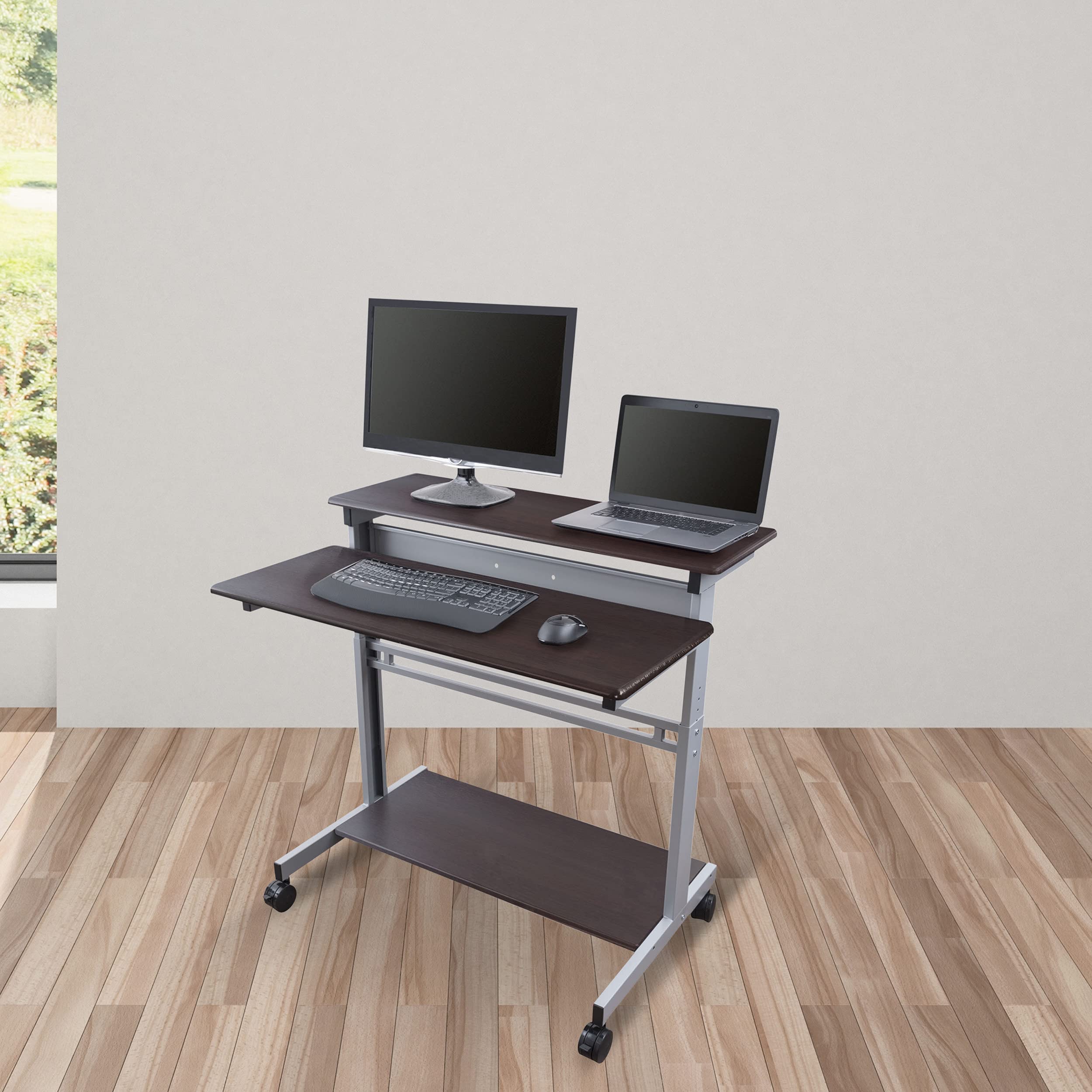 Adjustable Height Rolling Standing Desk with Two-Tier Workstation - Silver Frame & Dark Walnut Top (40