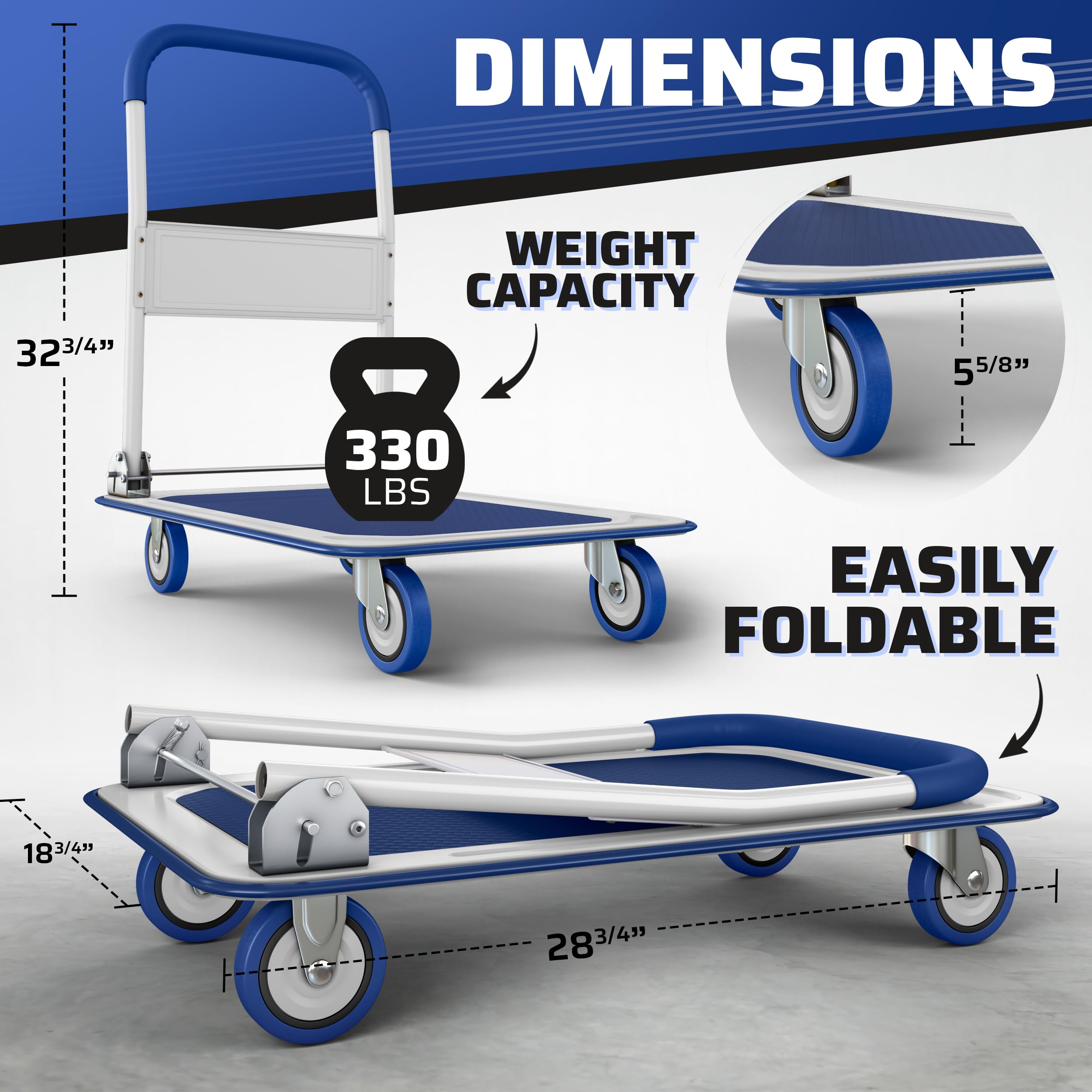 Heavy Duty Foldable Push Cart Dolly with 330 lbs Capacity - Collapsible Hand Truck with Swivel Handle & Flat Bed Wagon - Space Saving Moving Platform for Home, Office & Warehouse (Blue) - Perfect for Moving Boxes, Groceries & Heavy Loads