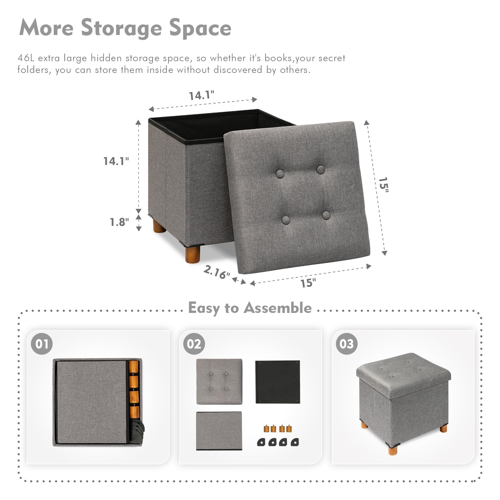 B FSOBEIIALEO Storage Ottoman with Tray - 15 Inch Grey Linen Foot Stool with Legs, Multi-Functional Cube Seat for Living Room, Bedroom & Entryway Storage