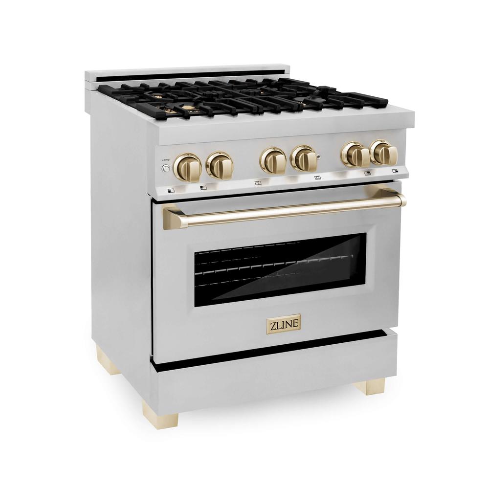 ZLINE Autograph Edition 30-inch Stainless Steel Kitchen Package - Dual Fuel Range, Range Hood, Dishwasher & Refrigerator with External Water Dispenser & Polished Gold Accents (4AKPR RARHDWM30 G) | Premium Kitchen Appliances for Modern Homes & Gourmet Cooking