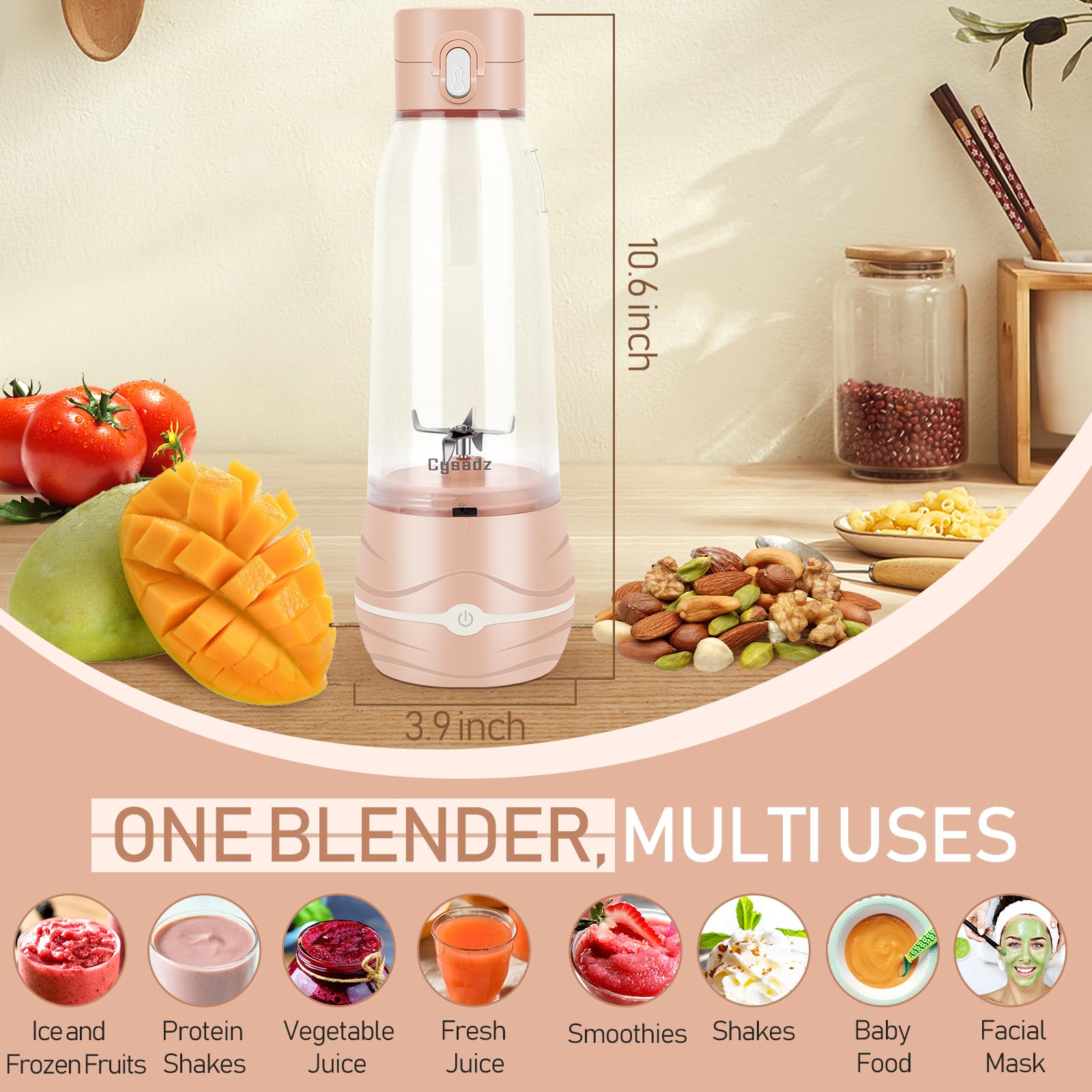 Portable Personal Blender for Shakes, Smoothies & Protein Drinks - 17Oz Mini USB Blender with 6 Stainless Steel Blades - Travel, Office, Gym & Outdoor Use - BD-NC801-PINK - Perfect for Healthy Lifestyles & On-the-Go Nutrition