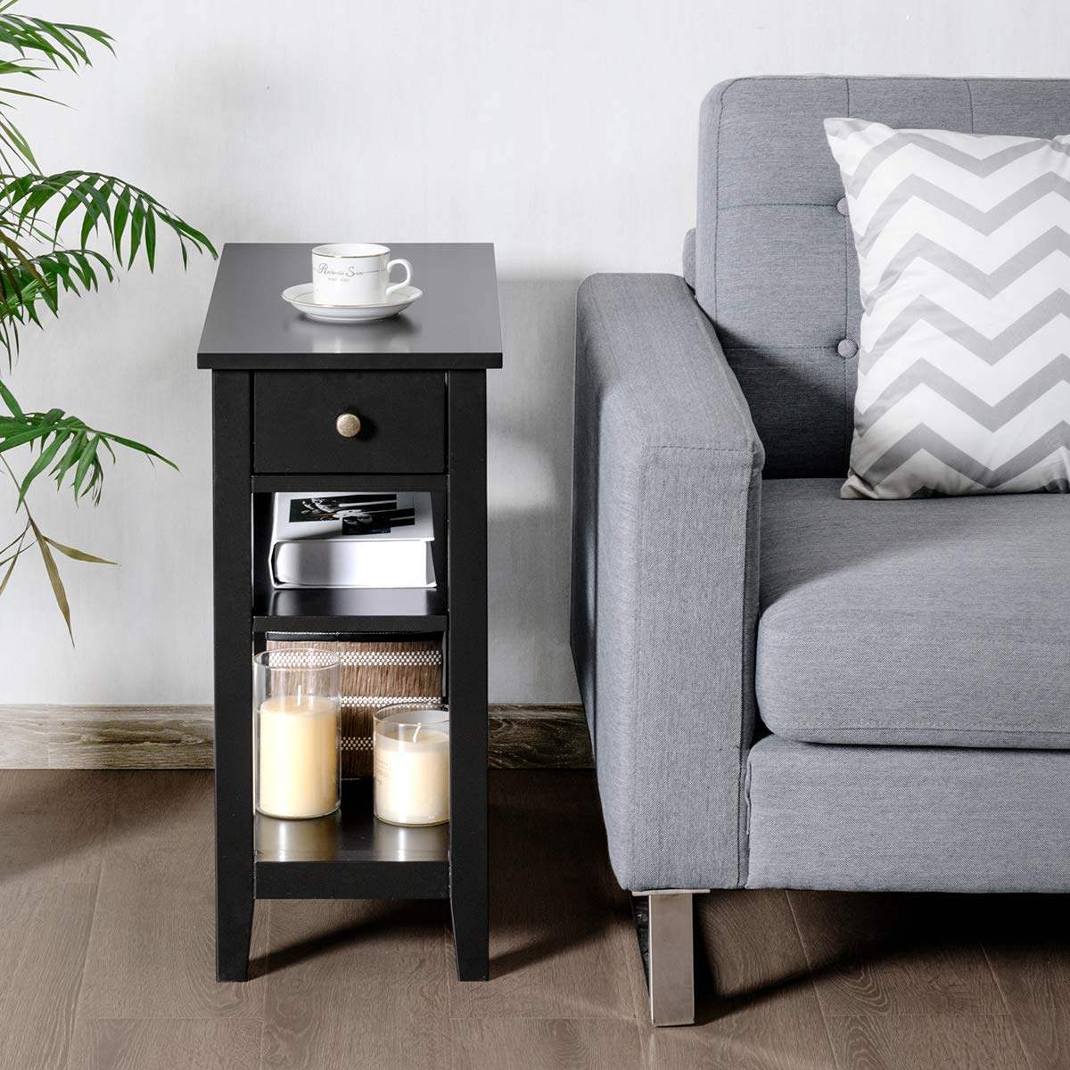 KOTEK 3-Tier Narrow End Table with Drawer & Open Shelf - Slim Nightstand for Bedroom, Living Room & Office - Modern Side Table with Storage (Black) - Perfect for Small Spaces, Apartments & Dorm Rooms