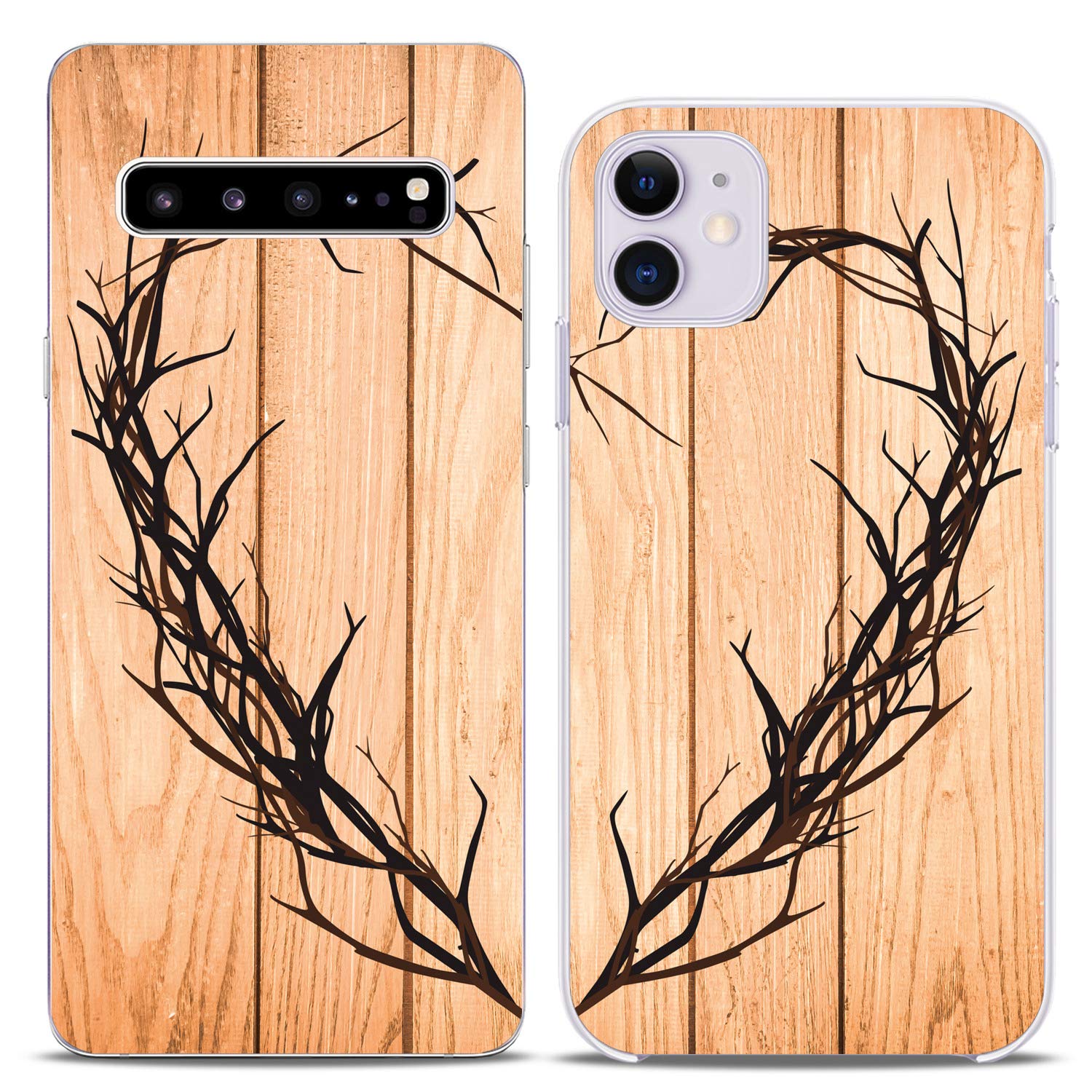 Matching Couple Phone Cases Compatible with iPhone 16/15/14/13/12/11 Pro Max/Mini/XS/X/8 Plus/7+/XR/10/SE/5 - Wood Texture Heart Tree Branch Design Cute Silicone Cover for Anniversary Gifts, Couples & Friends - Perfect for Valentine's Day, Wedding Gifts & Relationship Milestones