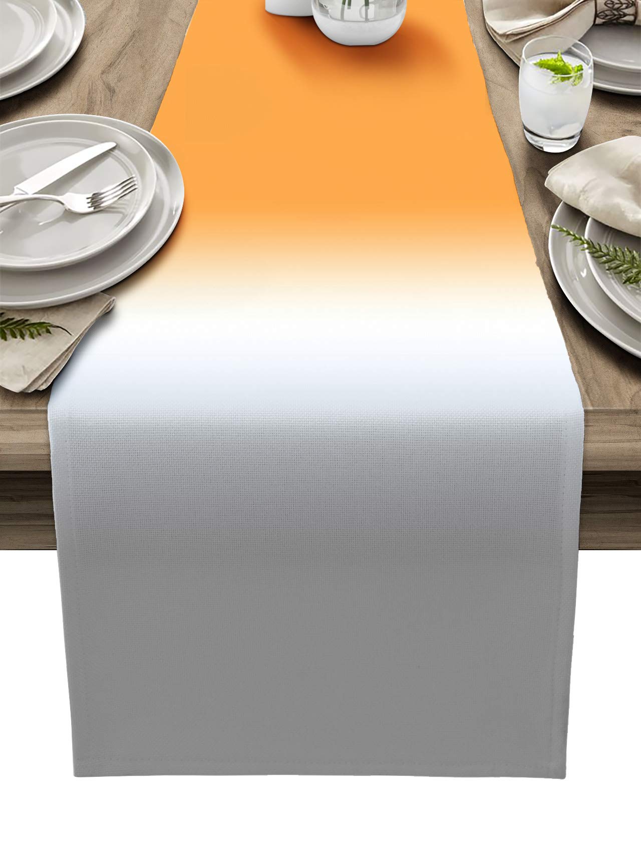 70 Inch Burlap Linen Table Runner - Orange Grey Ombre Abstract Art Kitchen Dining Decor, Farmhouse Gradient Table Cover for Coffee Table, Party & Banquet | Perfect for Rustic Weddings, Holiday Dinners & Home Styling