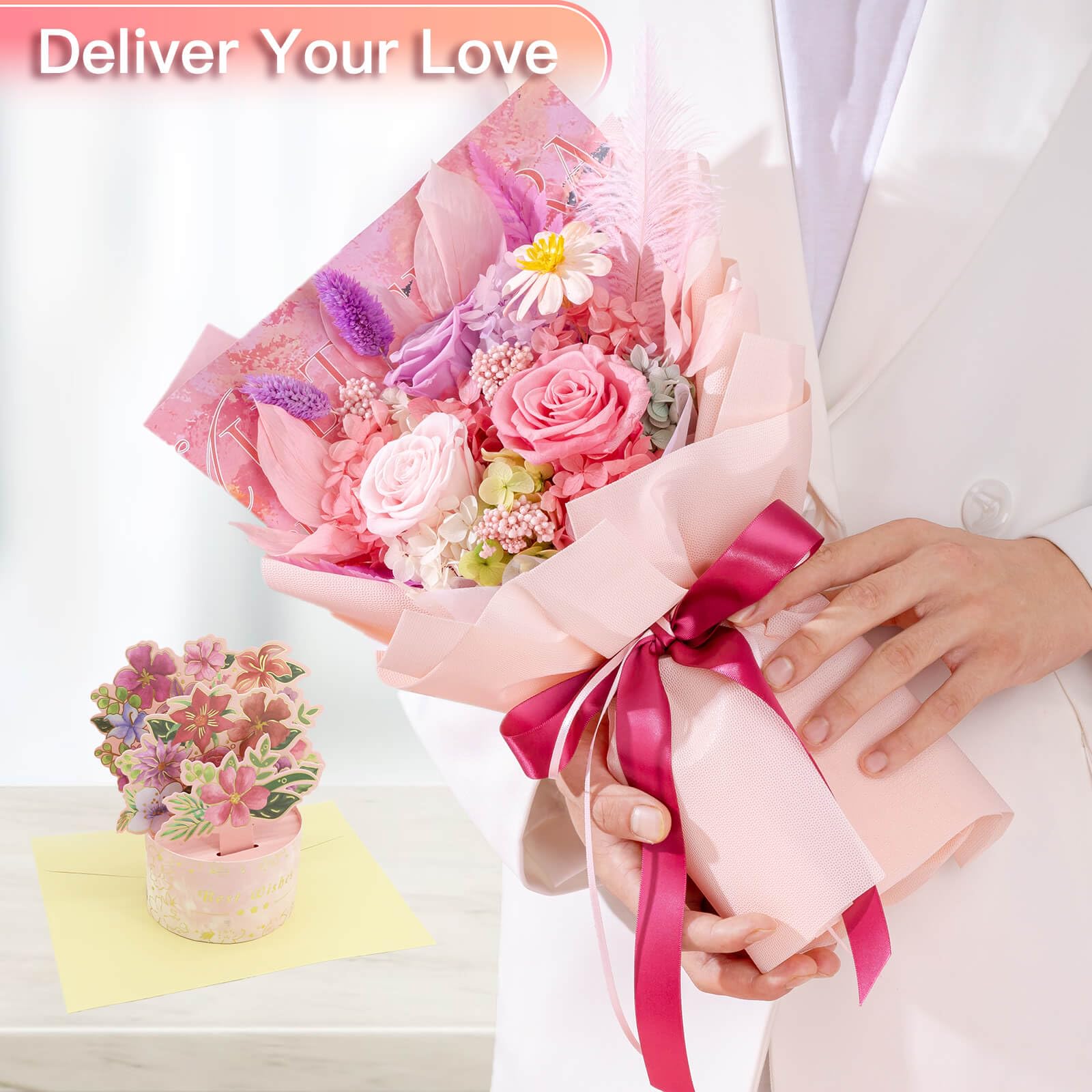 Handmade Preserved Pink Roses Bouquet with Pop-Up Greeting Card - Natural Real Flowers for Valentine's Day, Mother's Day, Anniversary, Birthday & Christmas Gifts - Perfect for Romantic Surprises, Home Decor & Special Occasion Delivery