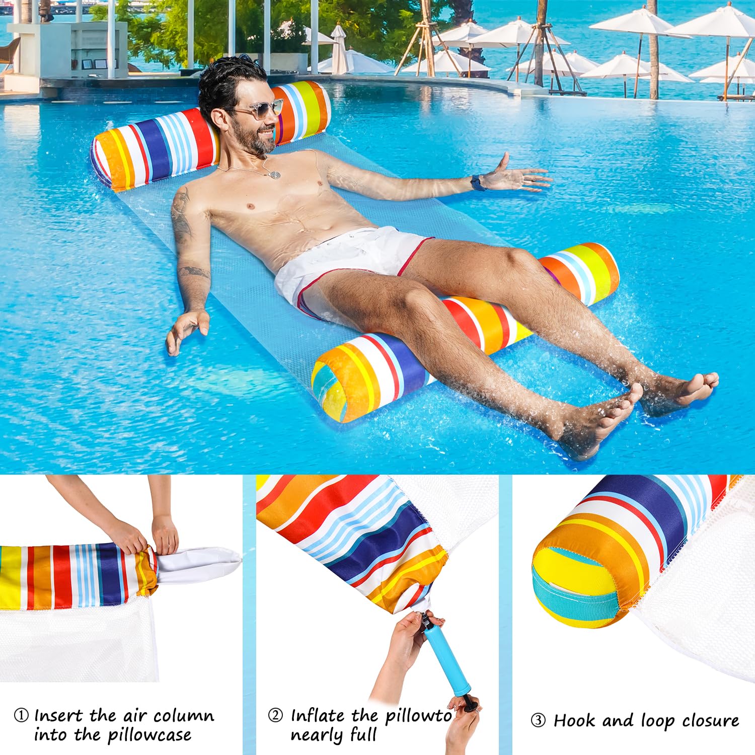 FindUWill 2 Pack Inflatable Pool Floats - XL Water Hammock for Adults, Multi-Purpose Floating Lounger (Saddle, Lounge Chair, Drifter) - Perfect for Swimming Pools, Lakes, Beaches & Summer Vacations