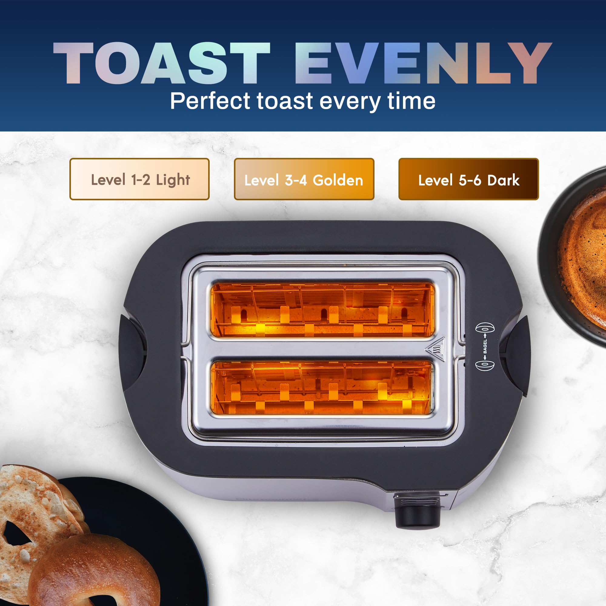 Elite Gourmet ECT2145 2-Slice Toaster with Extra Wide Slots - Bagel, Reheat, Defrost & Cancel Functions - 6 Browning Settings - Built-in Warming Rack & Countdown Timer - Stainless Steel Design - Perfect for Breakfast, Brunch & Quick Snacks