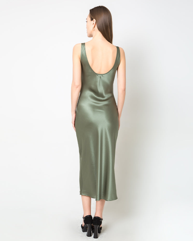 Elegant Scoop Neck Midi Silk Slip Dress for Women - Comfortable & Luxurious Nightwear, Loungewear & Evening Wear