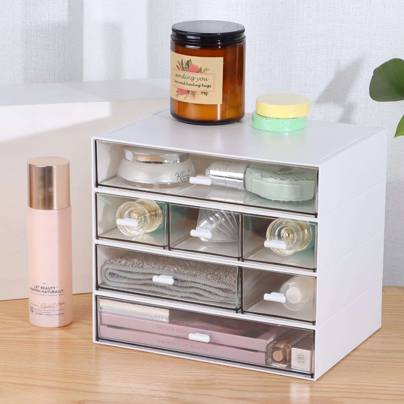 7-Drawer Stackable Plastic Desk Organizer - Office Supplies, Makeup & Skincare Storage, Sanitation Supply Holder - Space-Saving Workspace Solution for Home & Office Organization