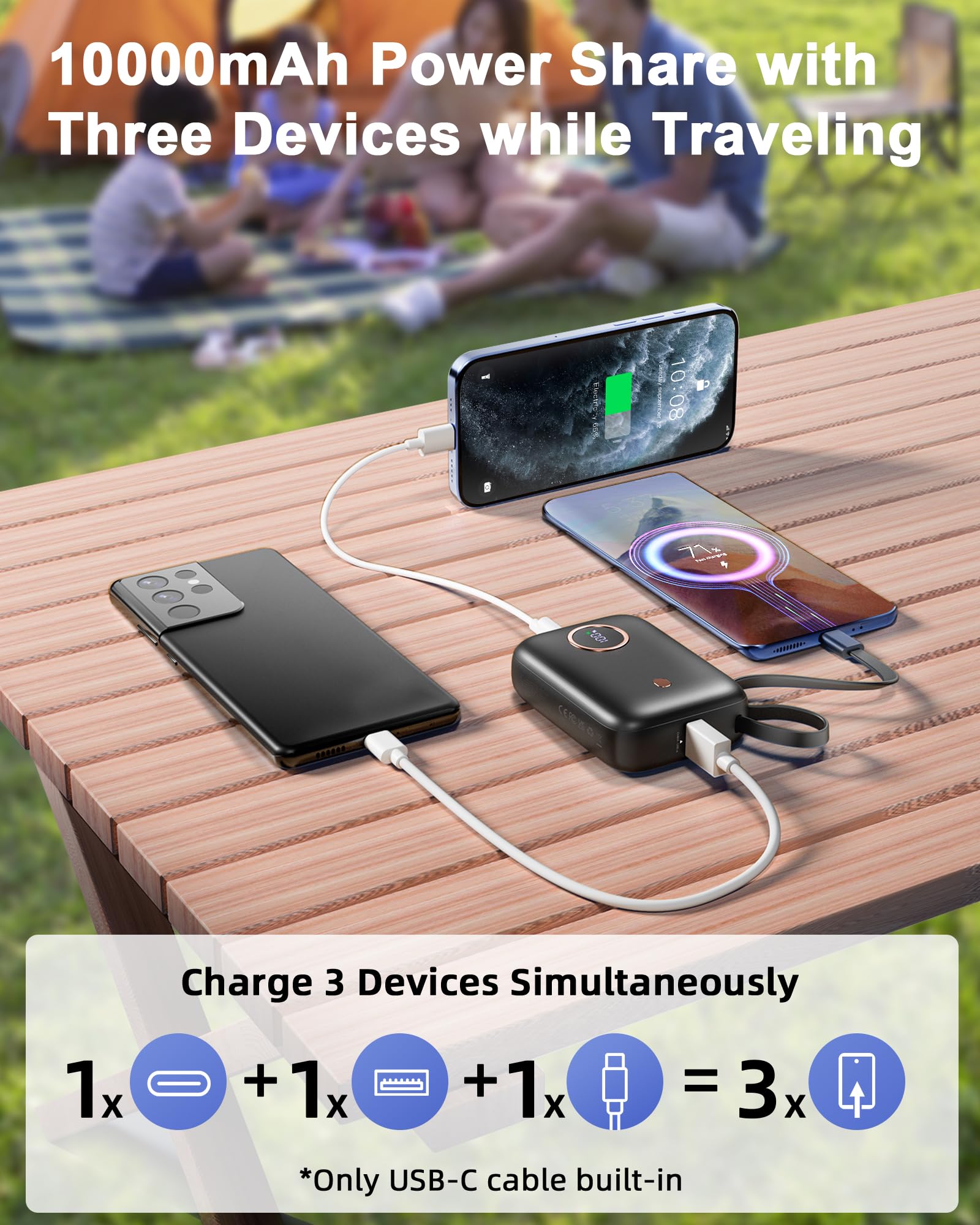 22.5W 10000mAh Portable Charger with Built-in USB-C Cable - Fast Charging Power Bank for iPhone 16/15/14, Samsung Galaxy & Google Pixel - Compact Travel Essential for Camping, Airports & Emergency Charging