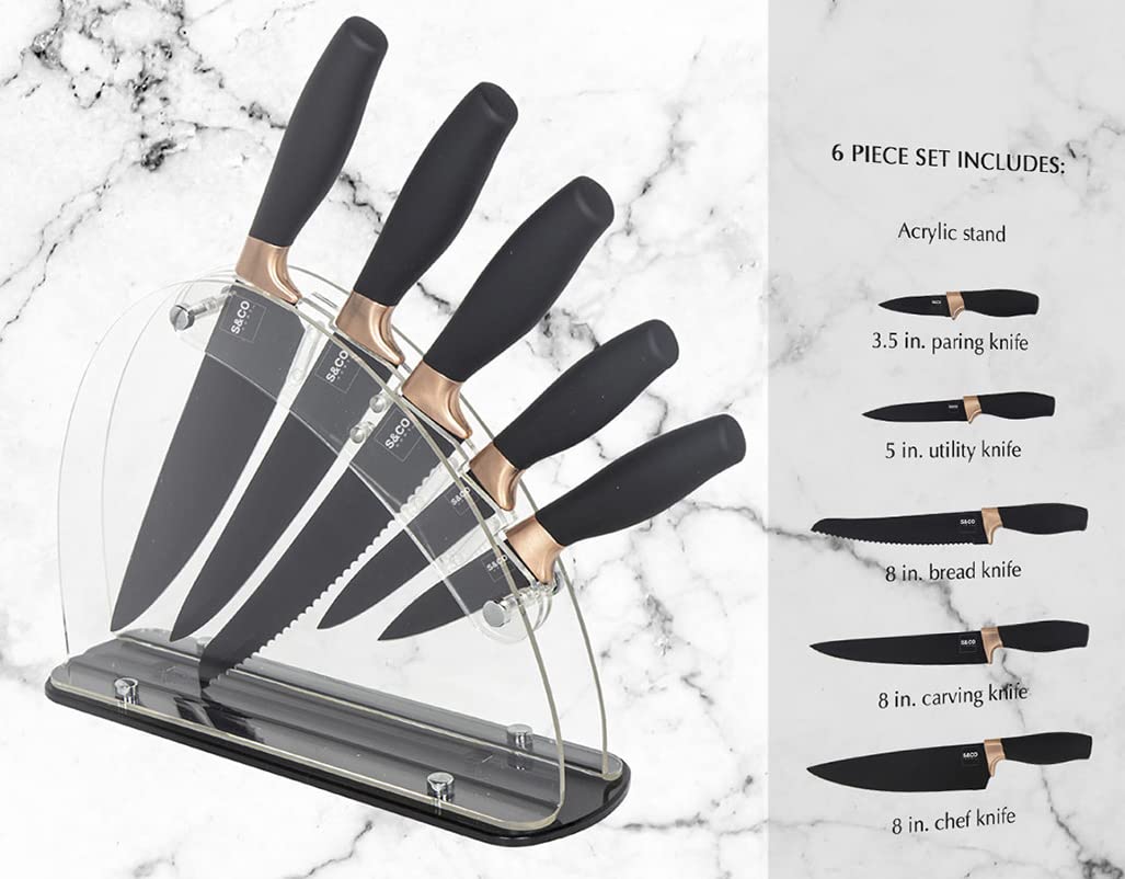 Premium 6-Piece Kitchen Knife Set with Acrylic Block - Ultra Sharp Stainless Steel Knives with Non-Stick Coating - Chef, Bread, Carving, Utility & Paring Knives - Elegant Black & Rose Gold Handles - Perfect for Home Cooking, Professional Chefs & Gift Giving