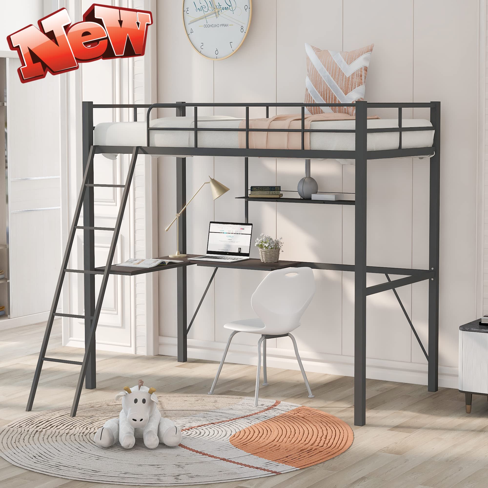 **TYNAWYNW Heavy Duty Twin Loft Bed Frame - Industrial Style Metal Twin Size High Loft Bed with Desk, Shelf, Safety Rails & Ladder for Kids, Teens & Adults - Easy Assembly (Gray) - Perfect for Small Rooms, Dorms & Apartments**