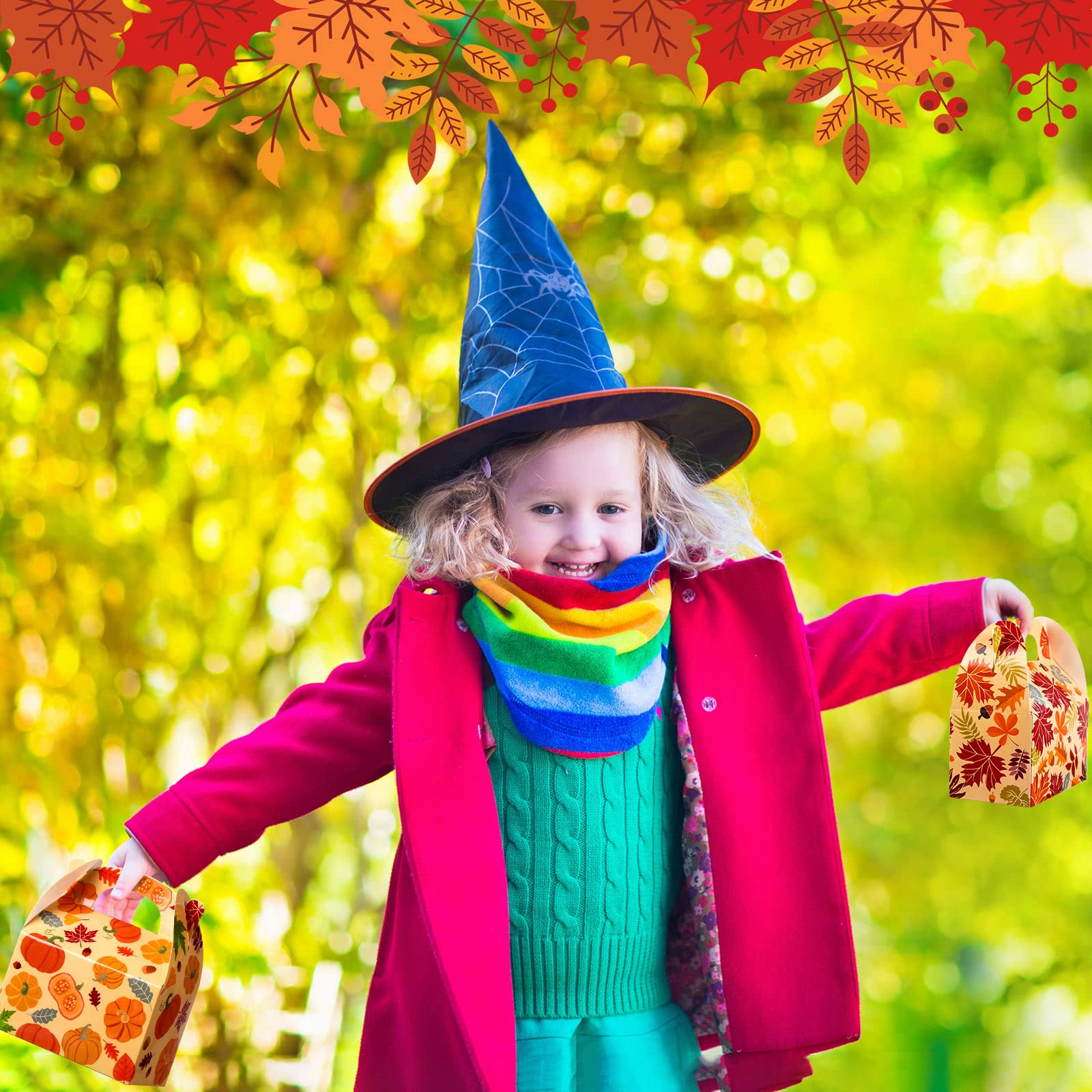 Fall Party Candy Boxes - 24 Pcs Thanksgiving Treat Boxes with Pumpkin & Maple Leaf Design for Autumn Harvest, Halloween, Birthday Party Decorations | Perfect for Candy, Cookies, and Party Favors