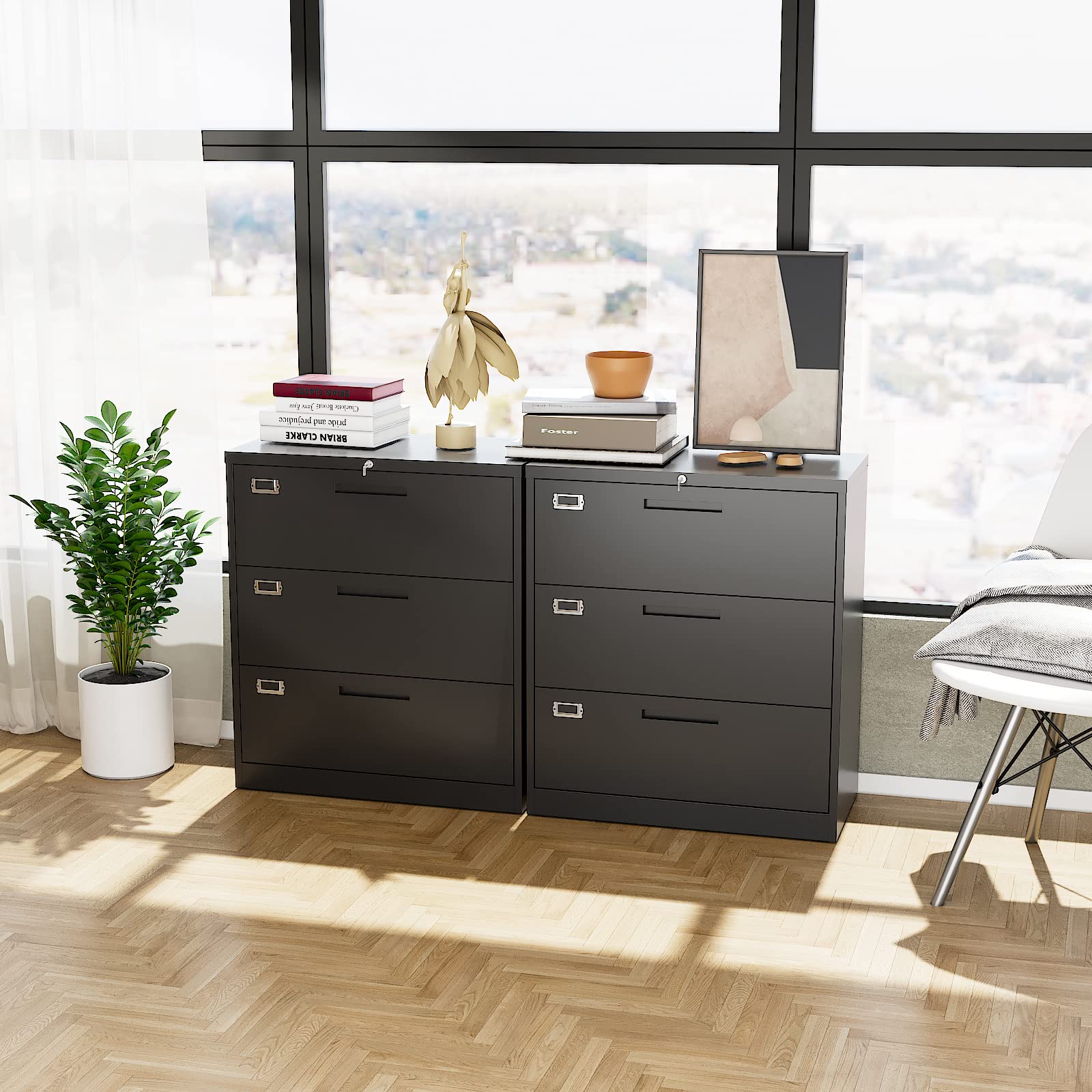 MIIIKO 3-Drawer Lateral File Cabinet - Locking Metal Filing Cabinet for Home Office, Large Storage Organizer for Hanging File Folders, Easy Assembly - Perfect for Document Storage & Office Organization