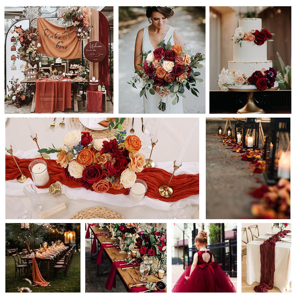 Burnt Orange & Burgundy Artificial Flowers Set - Fake Roses & Dahlia for DIY Fall Wedding Bouquets, Centerpieces, Bridal Showers, Baby Showers & Home Decor | Perfect for Autumn Weddings, Table Arrangements and Seasonal Home Decoration