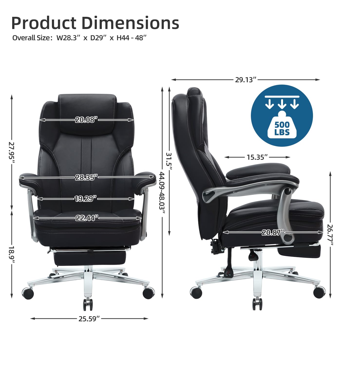 Big and Tall Office Chair with Footrest - Ergonomic High Back Executive Chair, Extra Wide Armrests, 500LBS Weight Capacity, PU Leather Managerial Desk Chair, 90-135° Reclining - Perfect for Home Office, Gaming, and Long Work Sessions