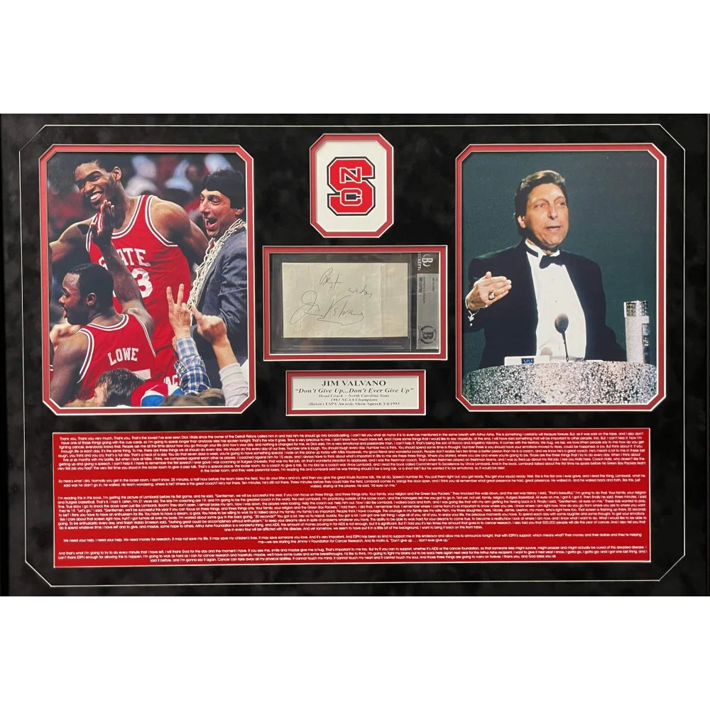 Jim Valvano Autographed Framed Collage with ESPY Speech - Signed Cut Signature & BAS COA - Perfect for Sports Memorabilia Collectors, Man Cave Decor, and Inspirational Gifts