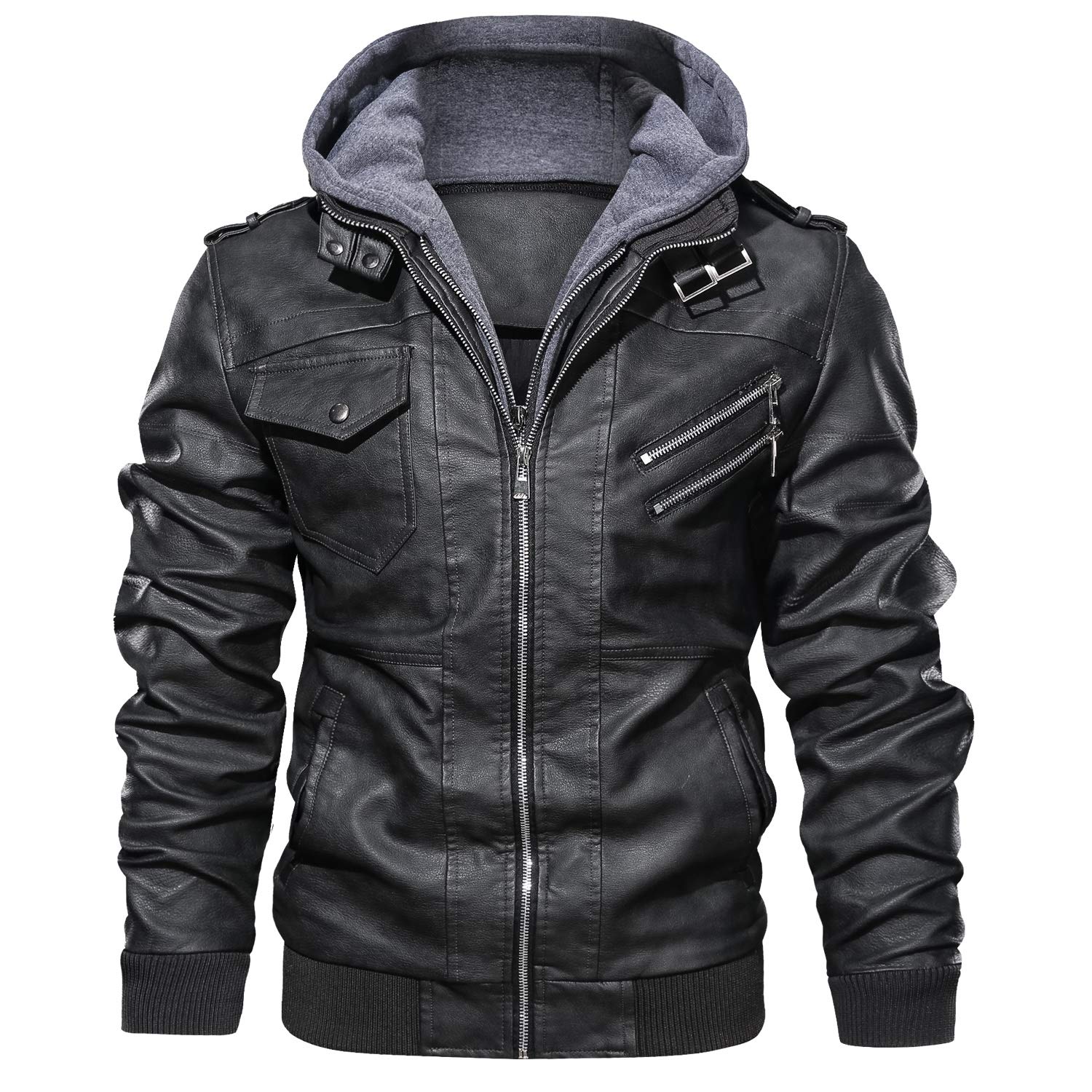 Men's Motorcycle Jacket - Faux Leather Bomber Style with Removable Hood | Windproof & Stylish Riding Gear for Casual & Urban Commuting