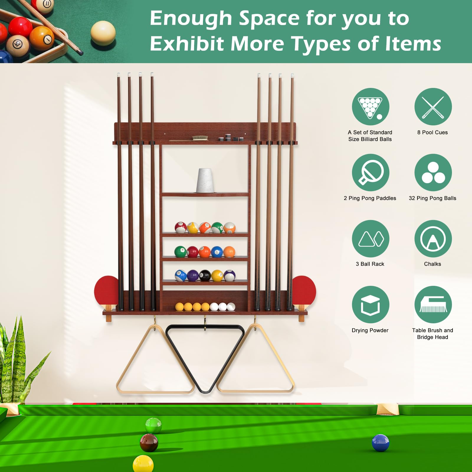8-Slot Wall Mount Pool Cue Rack & Ping Pong Paddle Holder - Solid Wood 2-in-1 Billiard Accessory for Game Room, Bar, or Man Cave (Classic Burgundy) - Perfect for Organizing Cues & Paddles in Style