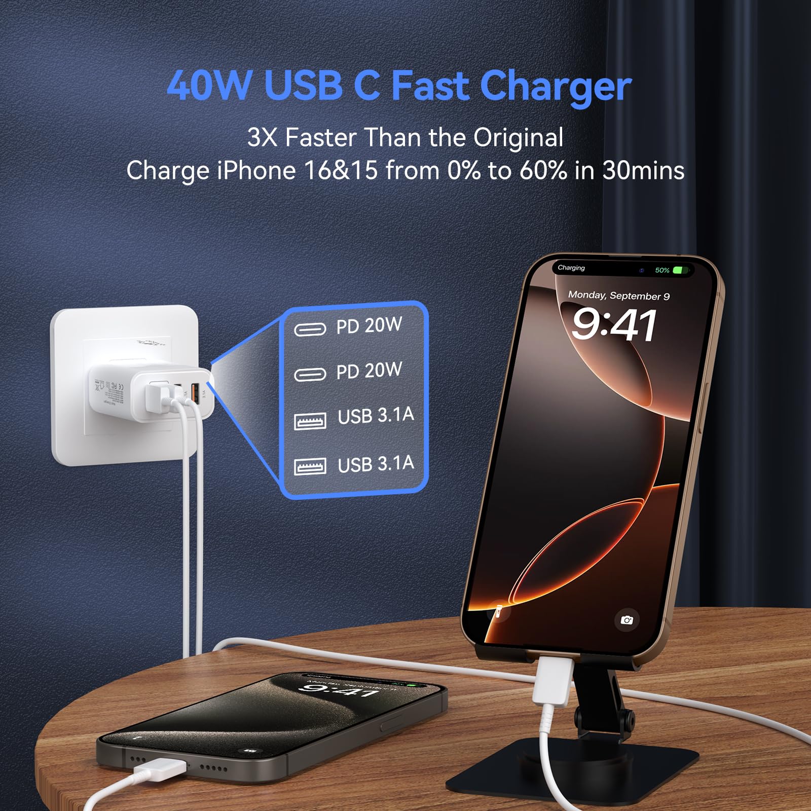 40W 4-Port USB C Wall Charger Fast Charging Block with PD & QC 3.0 - Dual Pack for iPhone 16/15/14/13/12 Pro Max, iPad, Galaxy S24/23 - Perfect for Home, Office & Travel Fast Charging Needs
