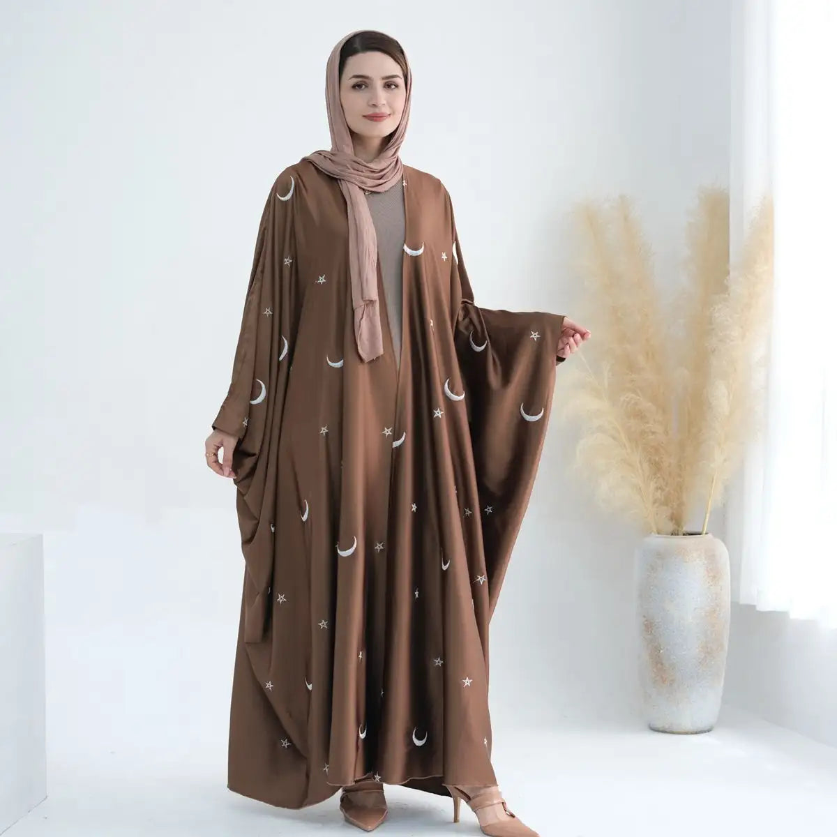 Elegant Muslim Women's Satin Moon Embroidery Cardigan Open Farasha Abaya Dress - Perfect for Eid, Wedding & Special Occasions