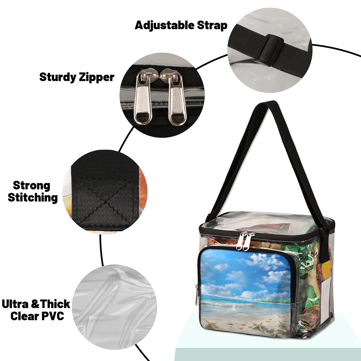 GzLeyigou Clear Transparent Tote Bag with Handles - Blue Sky Beach Starfish Shell Design - Crossbody Shoulder Bag & Lunch Tote for Outdoor Activities, Travel, Picnic, Concerts & Sports Events (Stadium Approved) - Perfect for Beach Days, Music Festivals and Summer Adventures