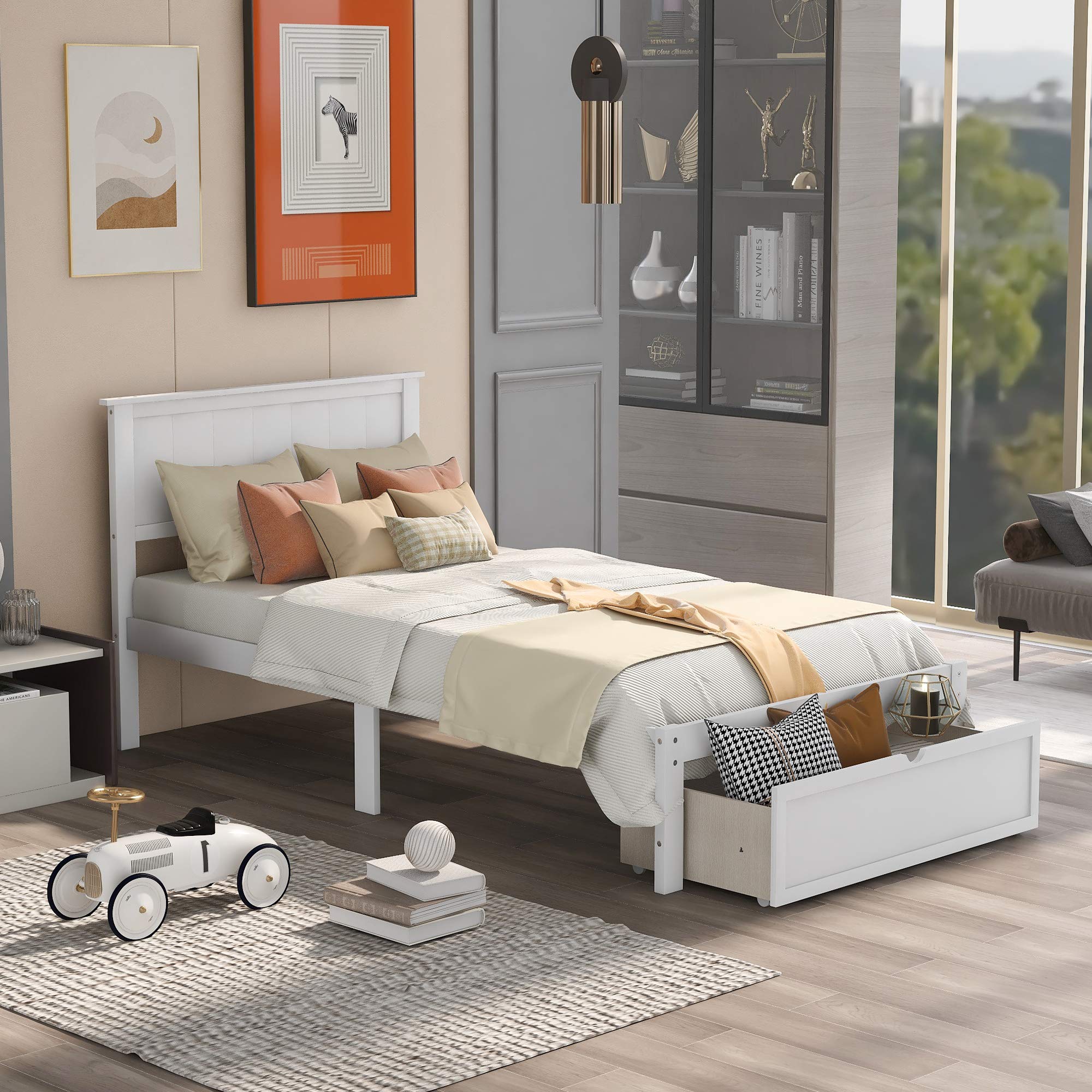 Solid Pine Wood Platform Bed with Storage & Headboard - Twin Size, White - Under-Bed Drawers for Kids, Teens & Adults - No Box Spring Needed - Perfect for Small Bedrooms, Dorms & Guest Rooms