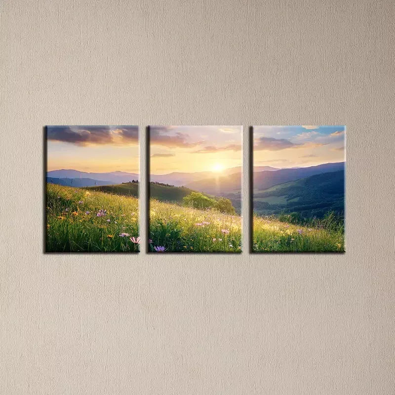 3-Piece Sunset Sky & Wildflowers Landscape Art Set - 50x70cm Framed Canvas Wall Decor | High Quality Australian Made Print | Ready to Hang for Living Room, Bedroom & Office Decor
