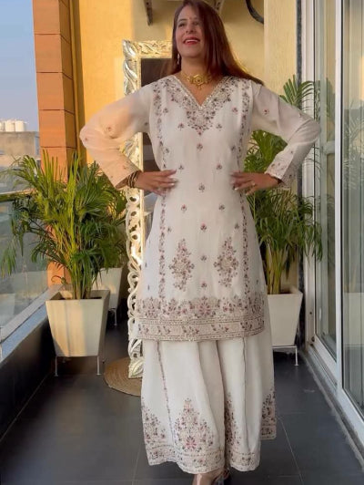 Premium White Chinon Silk Embroidered Sequins Palazzo Suit Set - Elegant Party Wear for Weddings, Festivals & Special Occasions