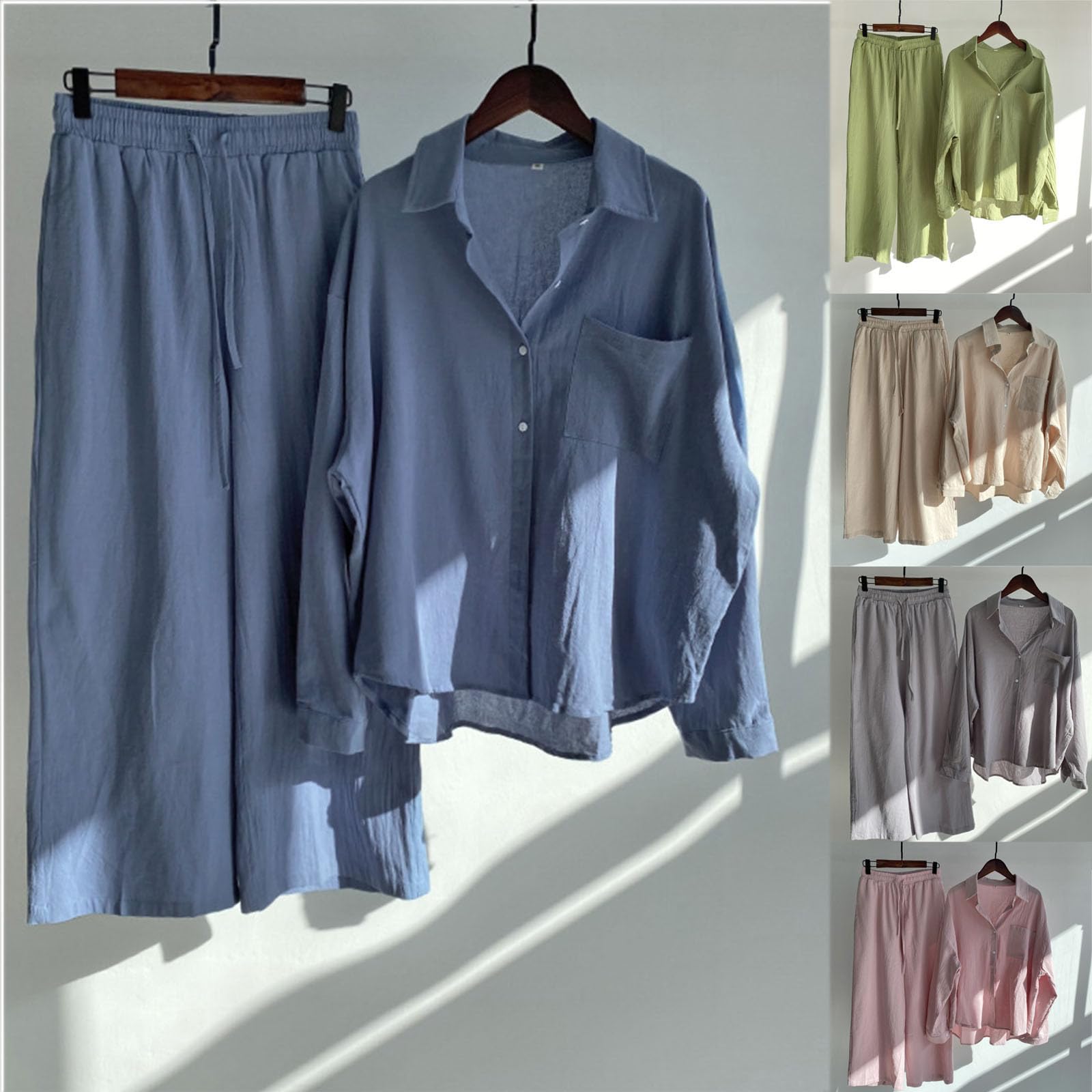 Women's 2-Piece Cotton Linen Outfit - Long Sleeve Shirt & Wide Leg Pants for Casual Wear