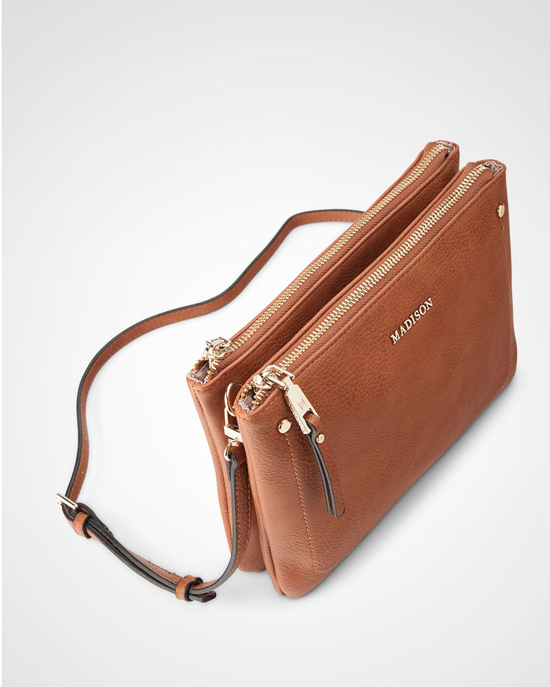 Charlotte Double Zip Crossbody Bag with Adjustable Aztec Print Strap - Stylish & Functional Purse for Women, Perfect for Travel, Work & Everyday Use