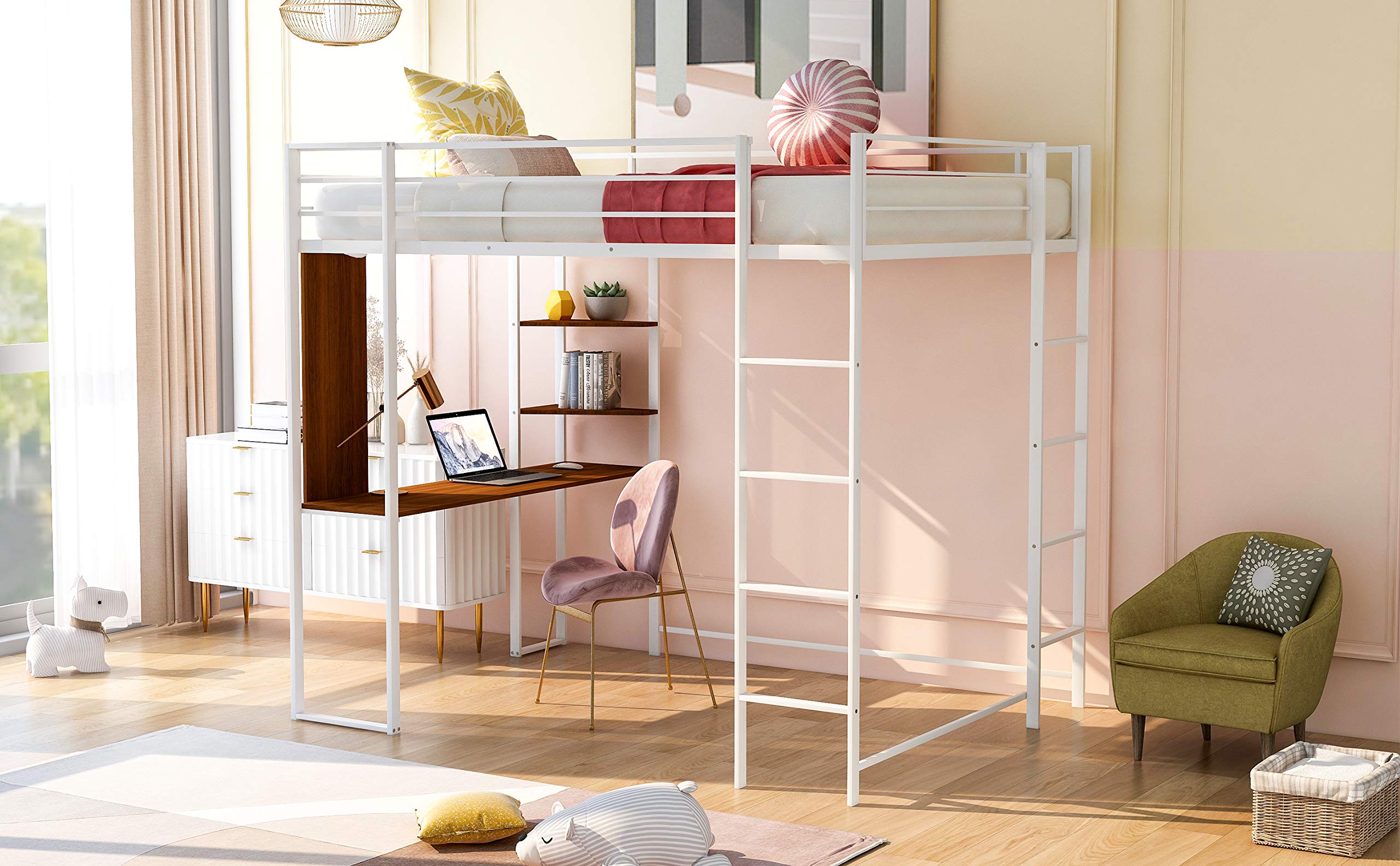 KLMM Full Size Metal Loft Bed with 2 Ladder & Built-in Desk - Space Saving Bed Frame with Storage Shelf & Full-Length Guardrail - No Box Spring Needed (White) - Perfect for Small Bedrooms, Dorms & Studio Apartments
