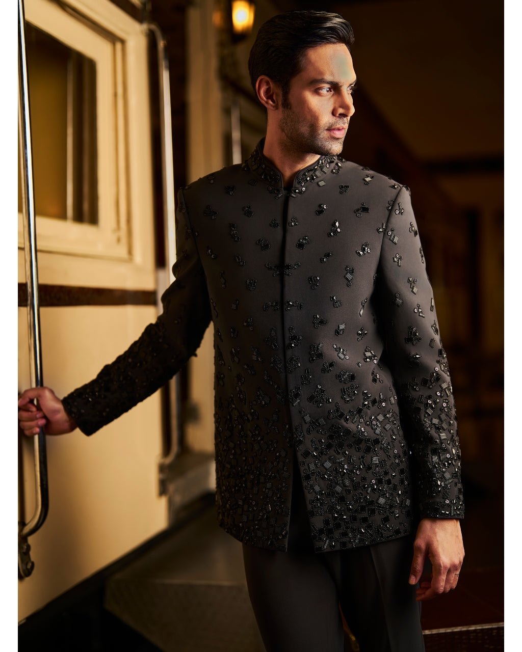 Elegant Black Beaded Bandhgala Suit Set for Men - Traditional Indian Wedding Sherwani with Handcrafted Beadwork - Perfect for Weddings, Festivals & Special Occasions