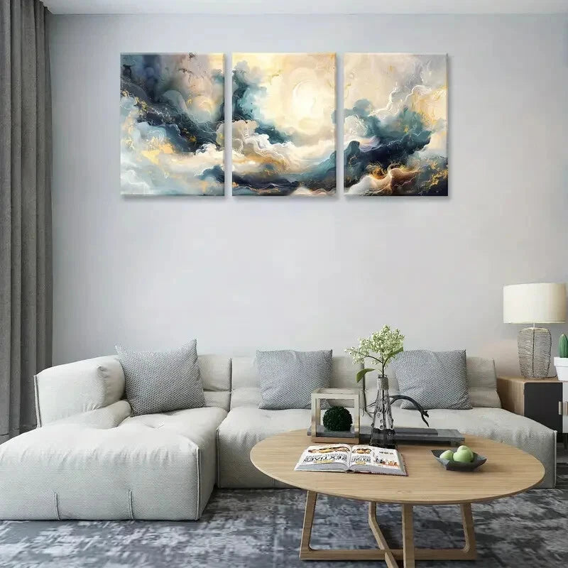 3-Piece Abstract Blue & Gold Marble Metal Wall Art - Ready to Hang Modern Home Decor for Living Room, Bedroom & Office