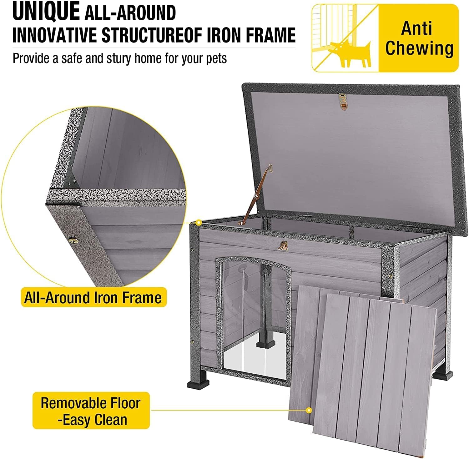 **Aivituvin Weatherproof Outdoor & Indoor Dog House for Small, Medium, Large Dogs - Sturdy All-Around Iron Frame & Raised Feet (Grey) - Perfect for Backyard, Patio, or Indoor Use**