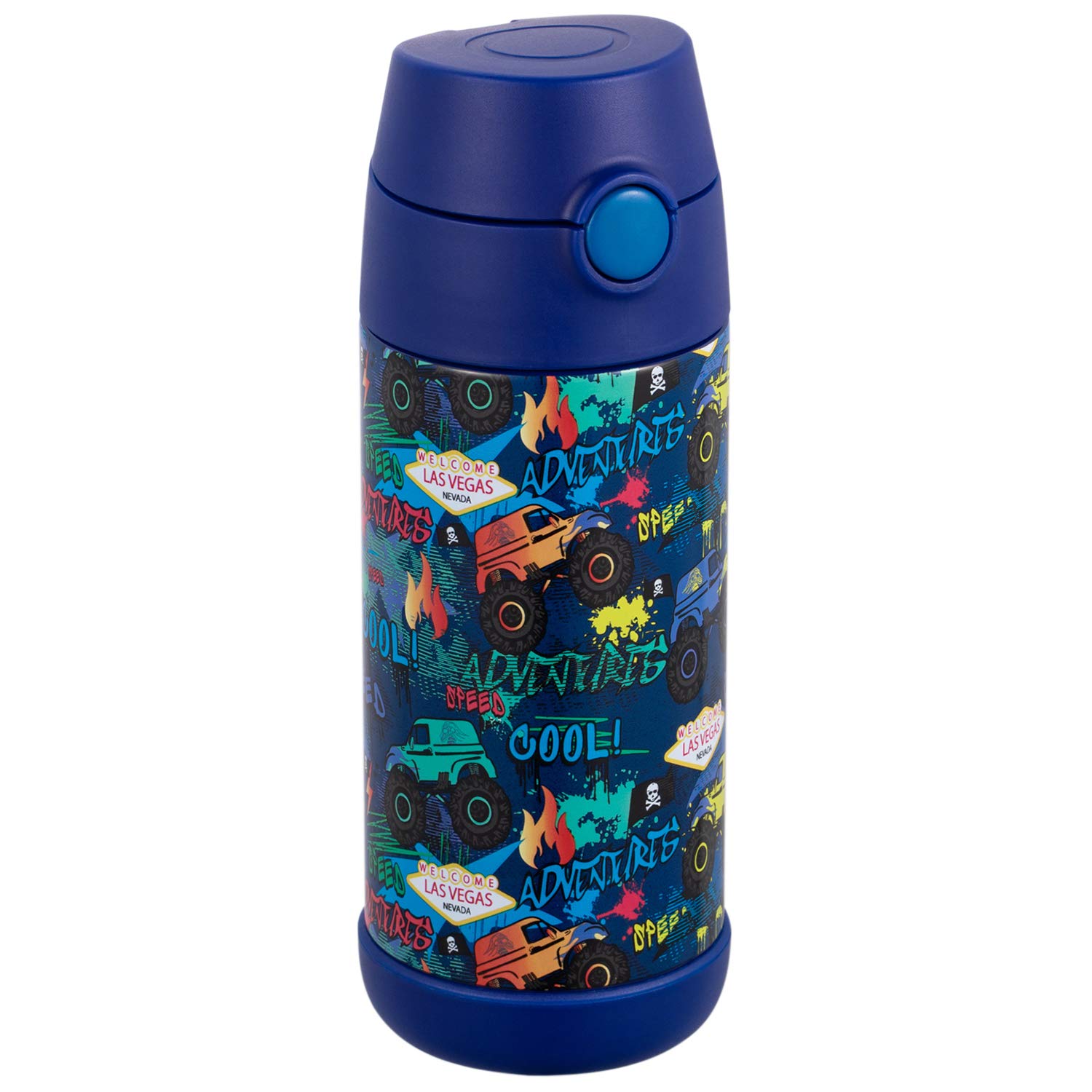 Insulated Stainless Steel Kids Water Bottle with Straw - 12oz Leak Proof Thermos for Boys & Girls - Monster Trucks Design - Perfect for School, Sports & Outdoor Activities