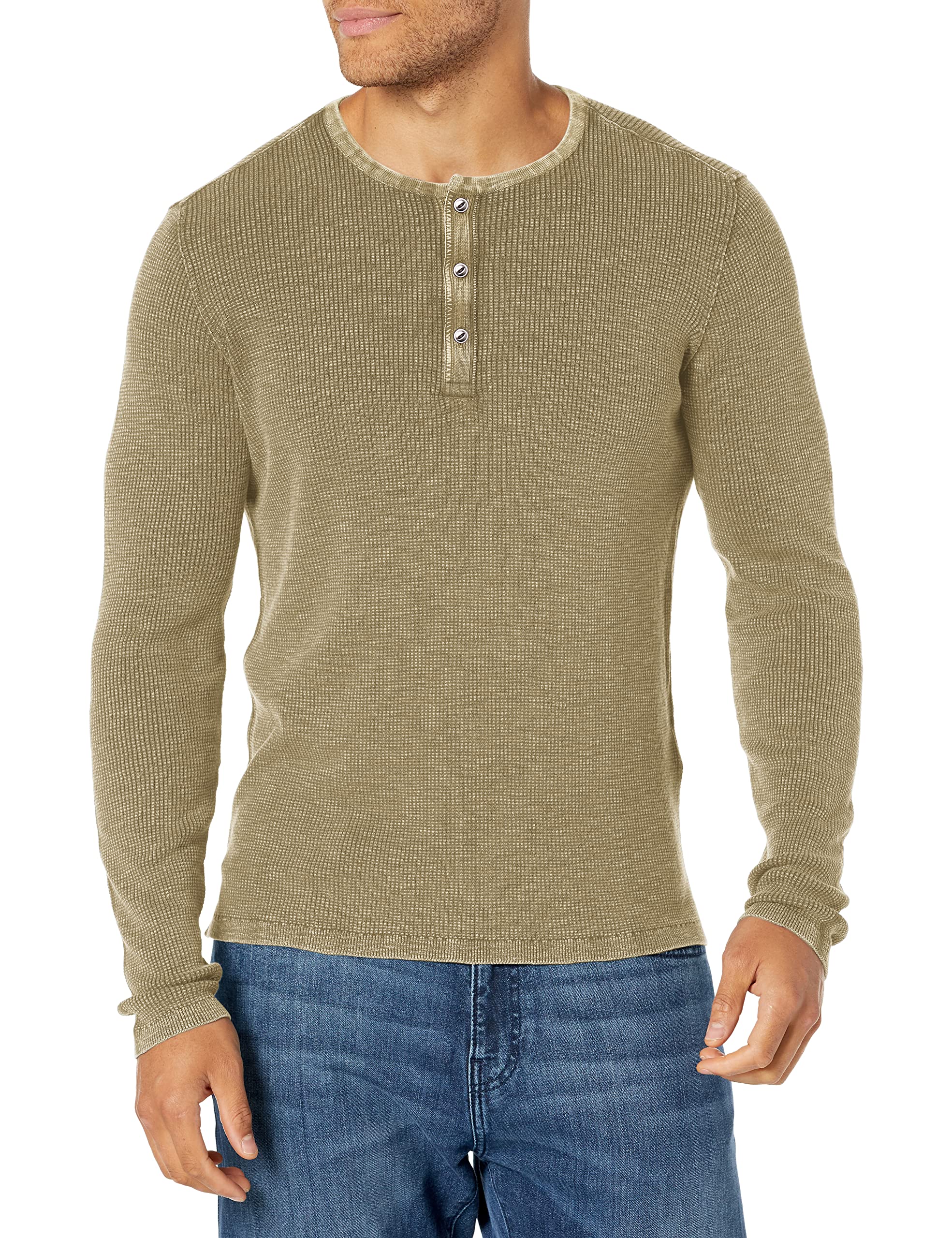 John Varvatos Men's Nashville Waffle Henley T-Shirt - Fadeaway Wash Vintage Style Cotton Top for Casual Wear & Layering