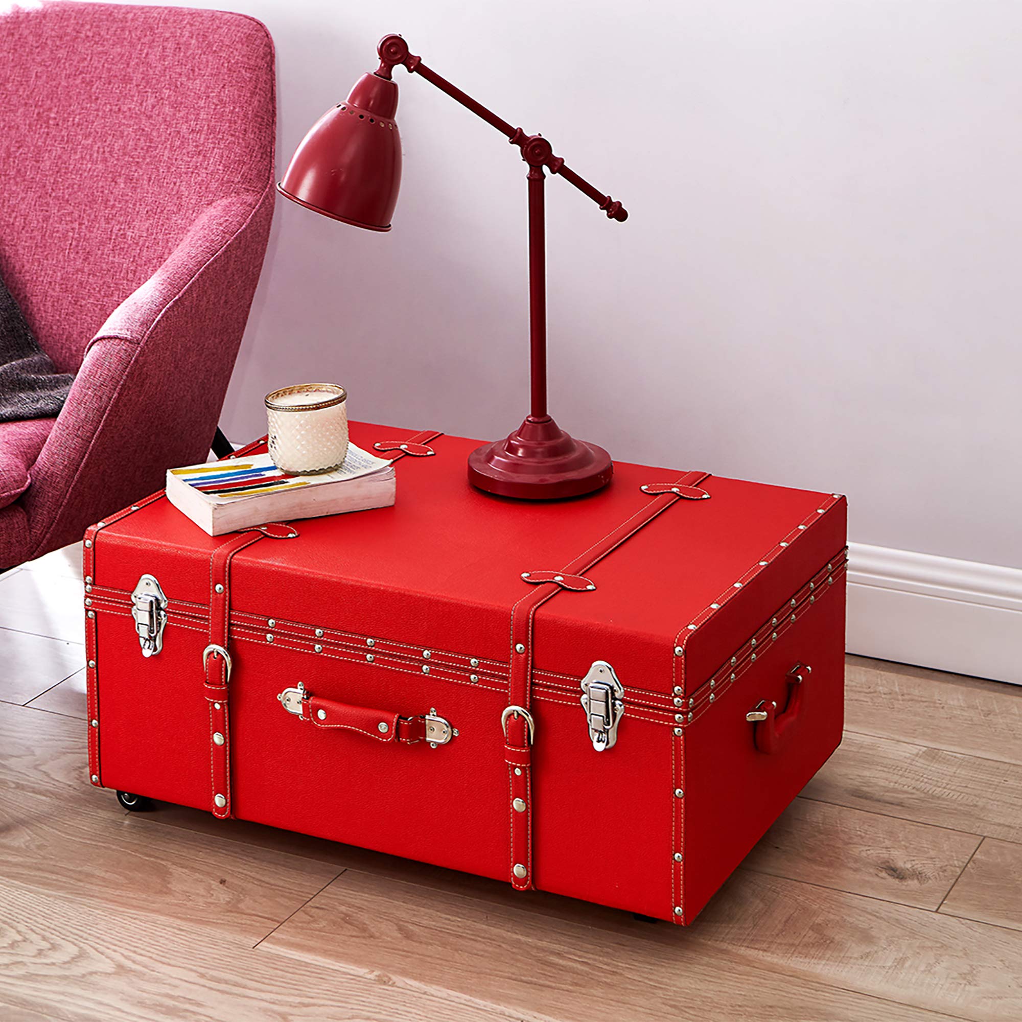 DormCo Textured Wheeled Storage Trunk - Red | Large Collapsible Travel Trunk for College Dorm, Moving & Storage | Perfect for Clothes, Blankets & Seasonal Items