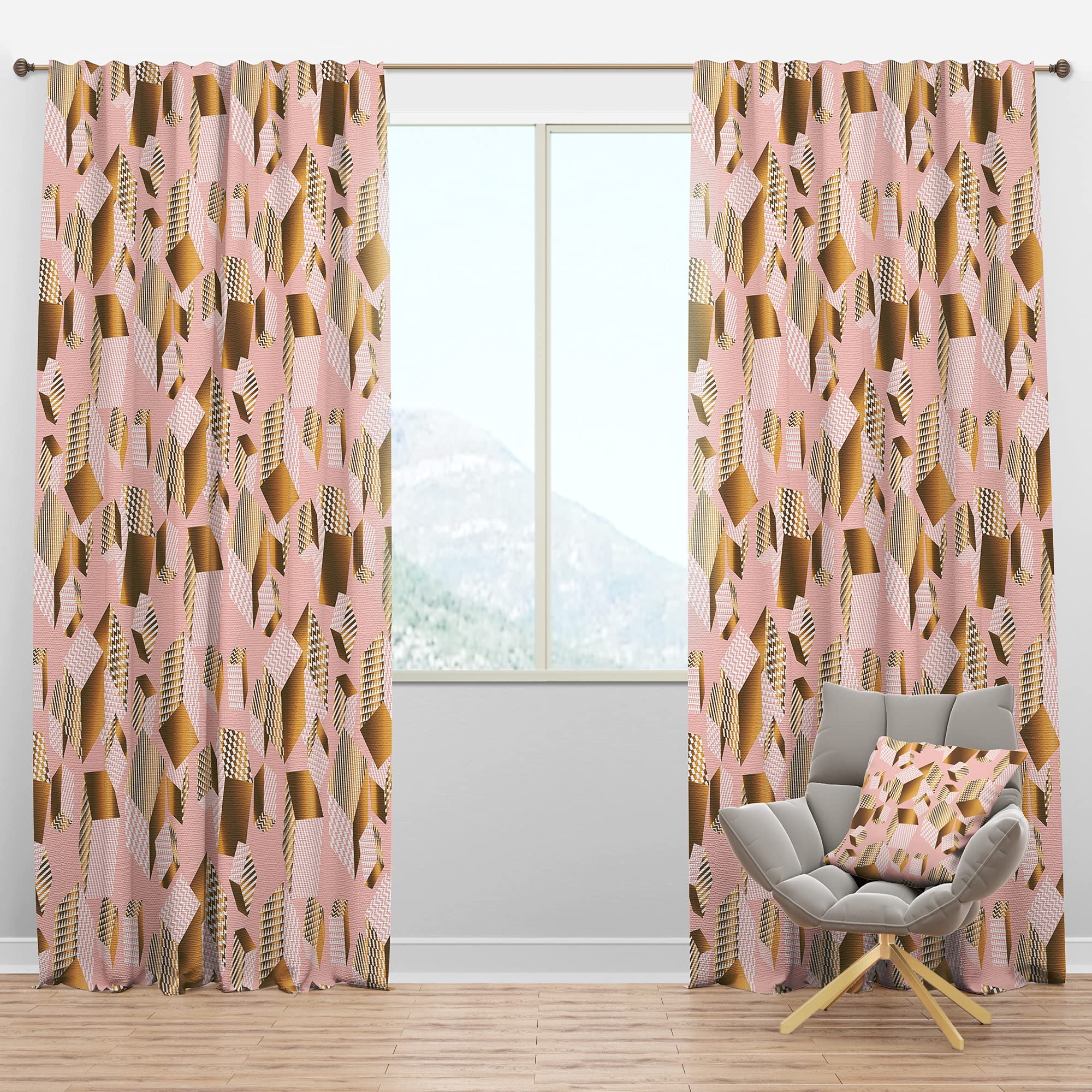DesignQ Blackout Curtains 'Gold and Rose Cubes II' - Thermal Insulated Single Panel (52x63 inches) for Bedroom & Living Room - Noise Reducing & Energy Saving Window Drapes - Perfect for Home Theater, Nursery, and Office Privacy
